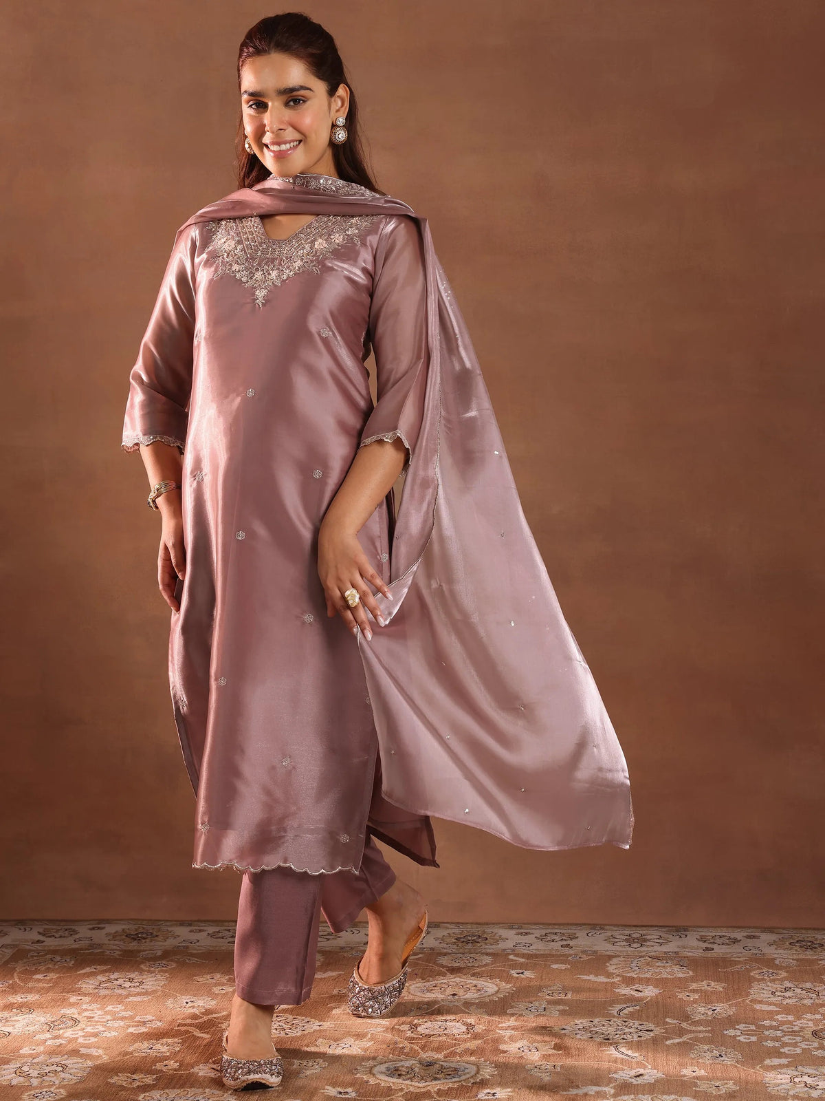 Anouk Mauve Yoke Design Tissue Straight Suit With Dupatta