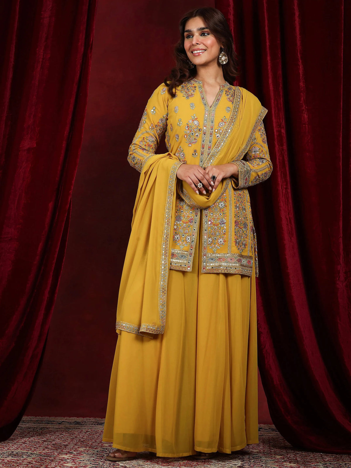 Anouk Art Mustard Embroidered Georgette Straight Suit With Dupatta