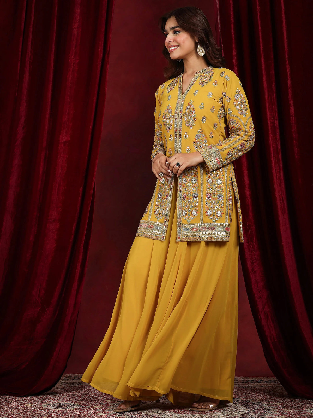 Anouk Art Mustard Embroidered Georgette Straight Suit With Dupatta