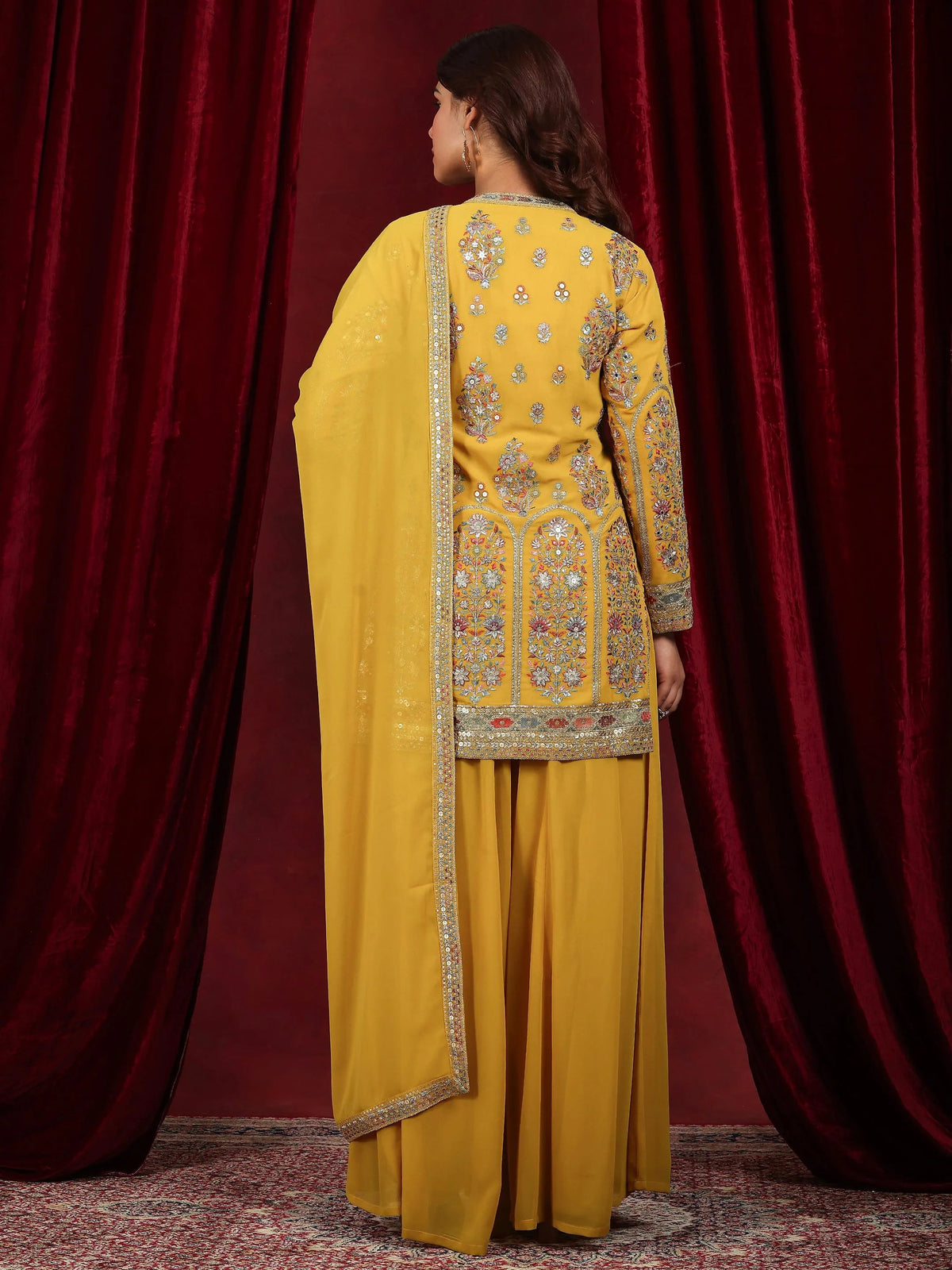 Anouk Art Mustard Embroidered Georgette Straight Suit With Dupatta