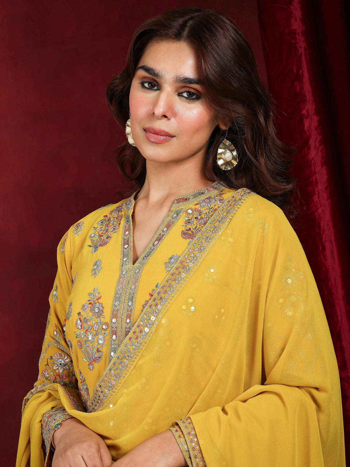 Anouk Art Mustard Embroidered Georgette Straight Suit With Dupatta
