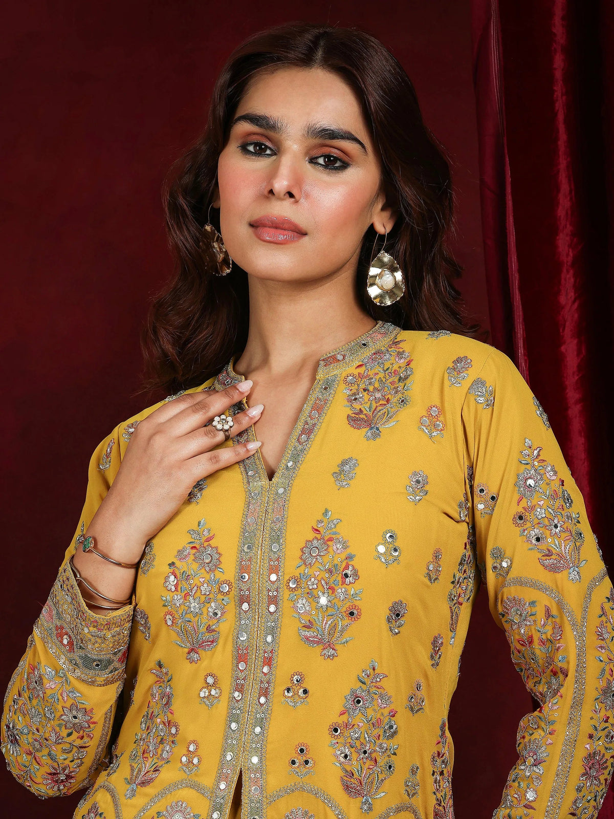 Anouk Art Mustard Embroidered Georgette Straight Suit With Dupatta