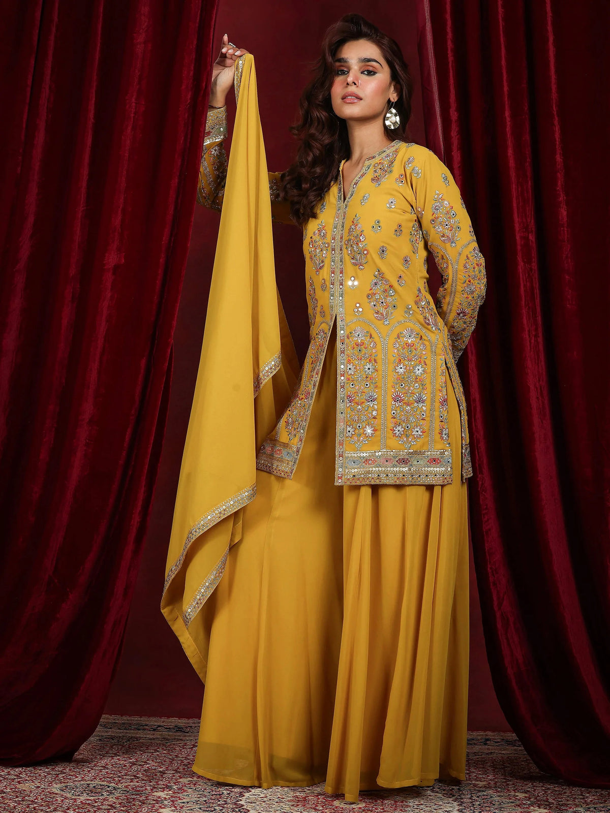 Anouk Art Mustard Embroidered Georgette Straight Suit With Dupatta