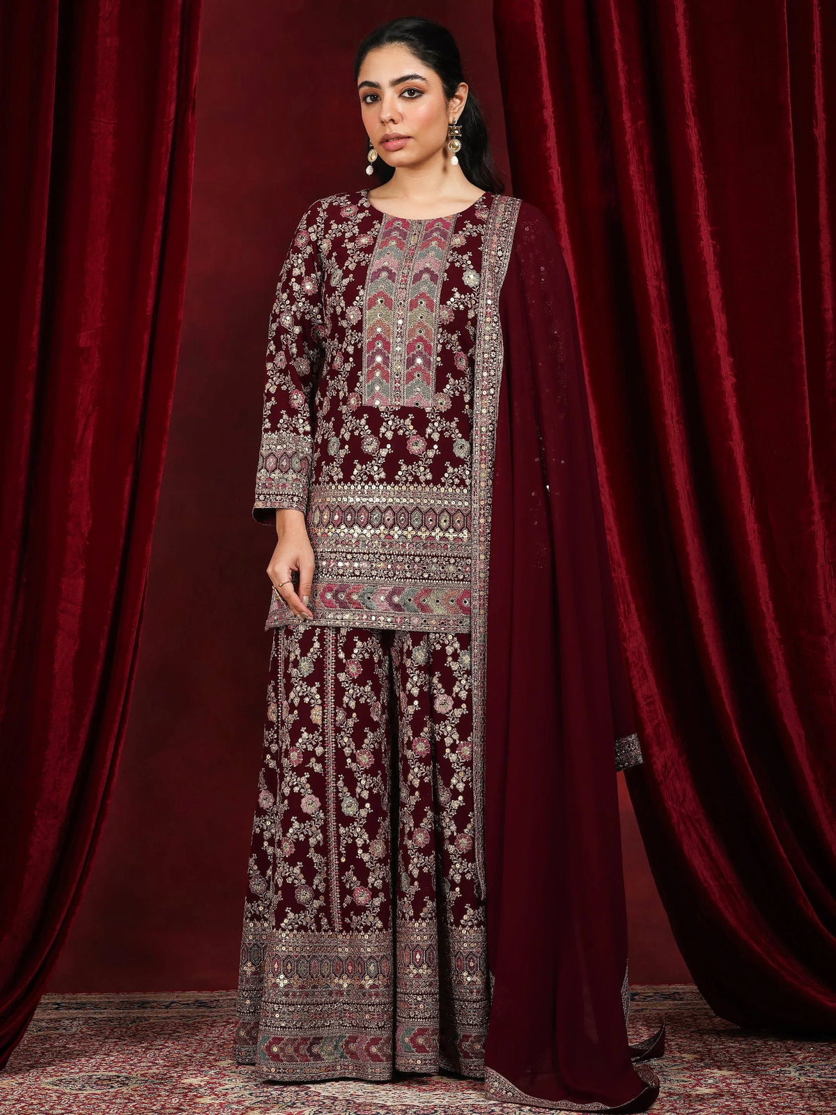 Anouk Art Maroon Embroidered Georgette Straight Suit With Dupatta