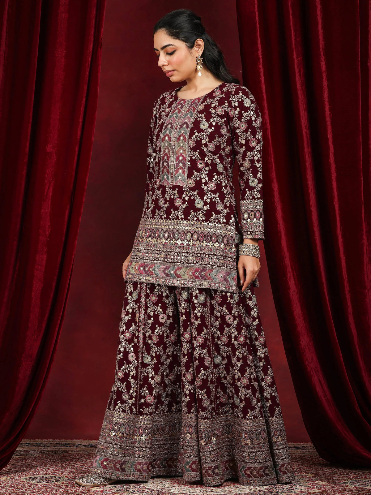 Anouk Art Maroon Embroidered Georgette Straight Suit With Dupatta