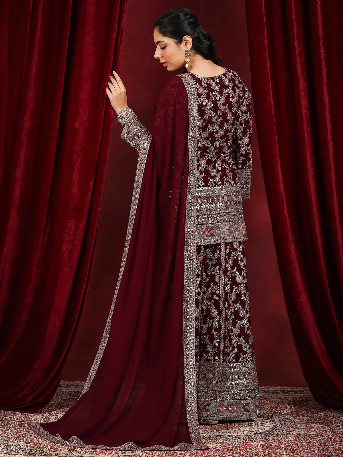 Anouk Art Maroon Embroidered Georgette Straight Suit With Dupatta