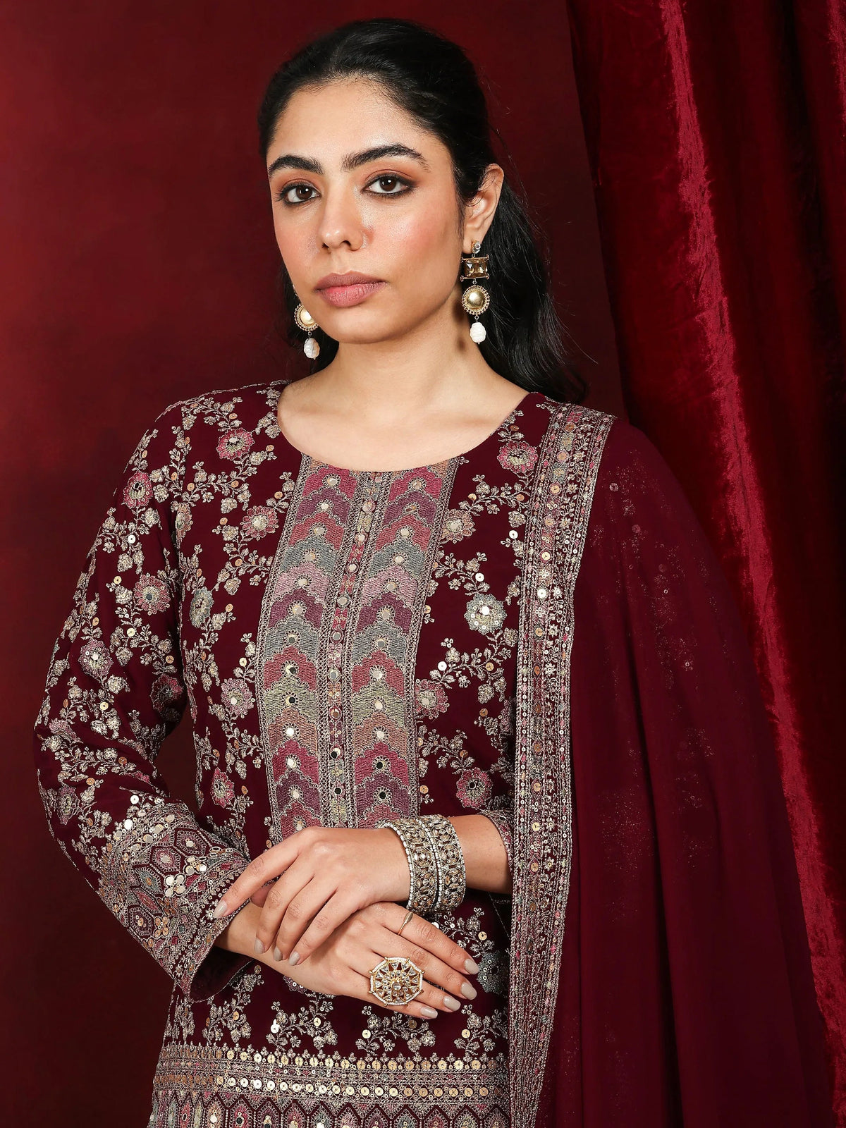 Anouk Art Maroon Embroidered Georgette Straight Suit With Dupatta