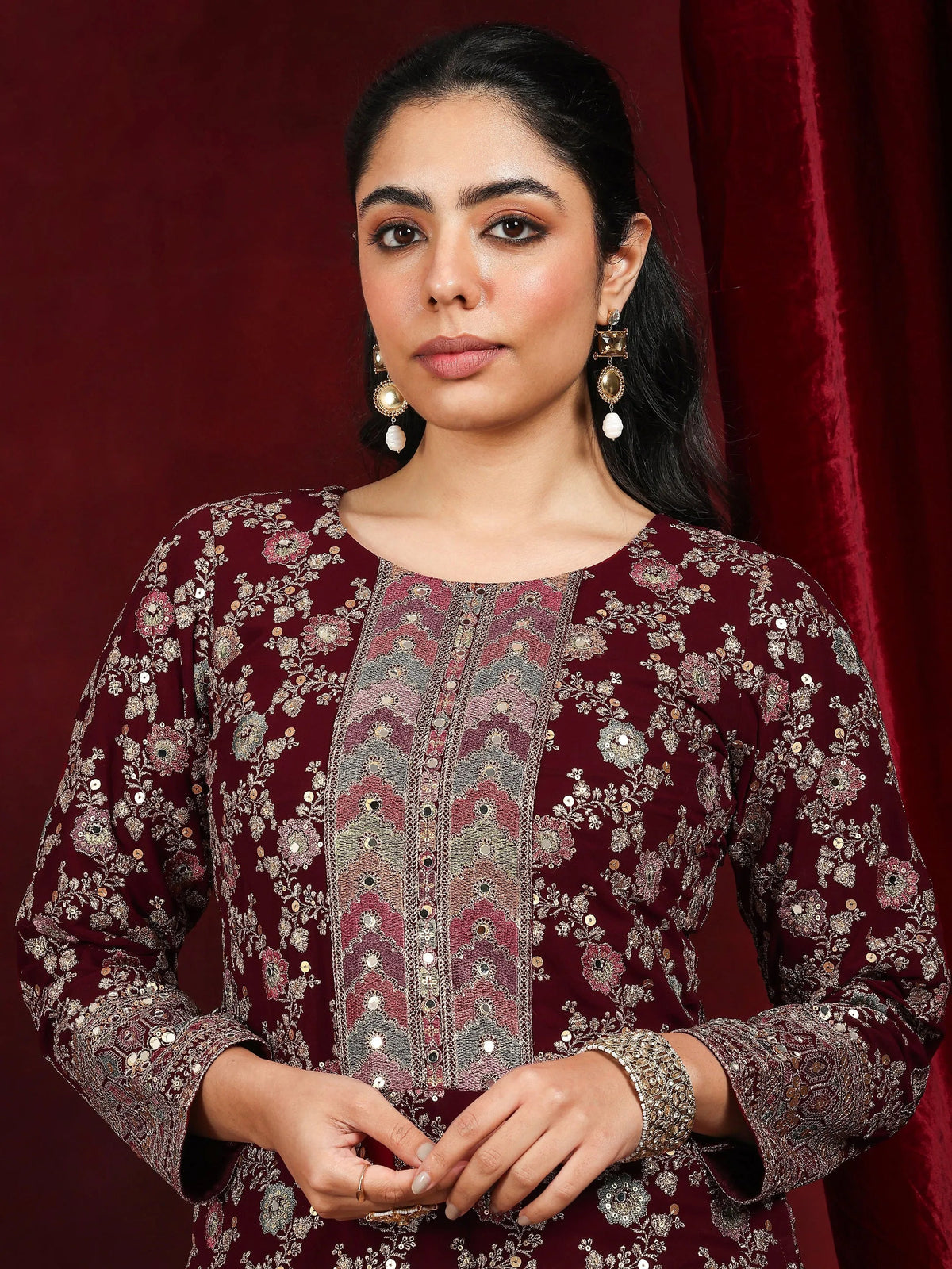 Anouk Art Maroon Embroidered Georgette Straight Suit With Dupatta