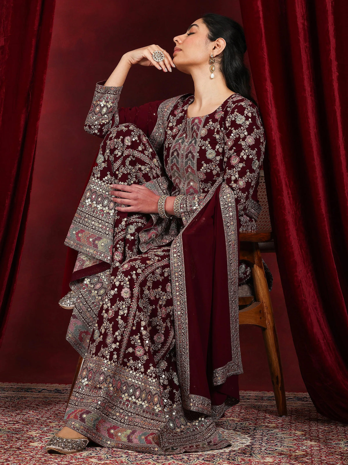 Anouk Art Maroon Embroidered Georgette Straight Suit With Dupatta