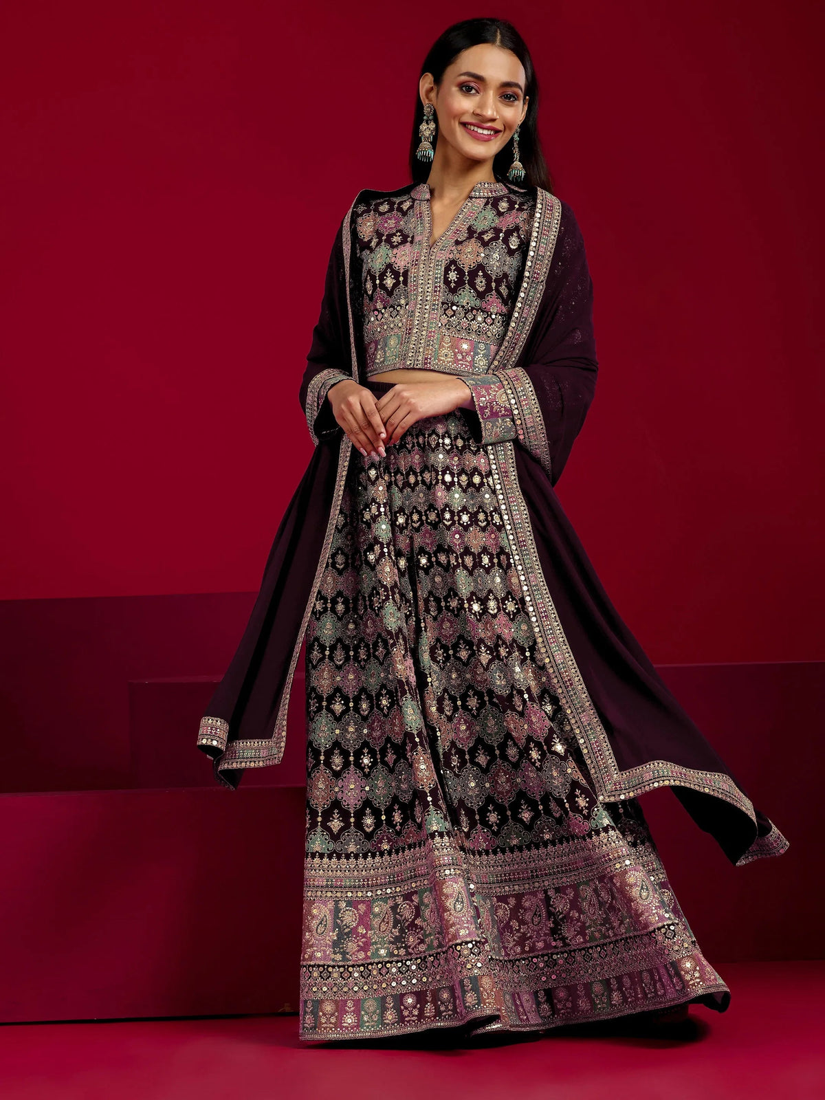 Anouk Art Wine Embroidered Georgette 3 Piece Co-Ord Sets With Dupatta