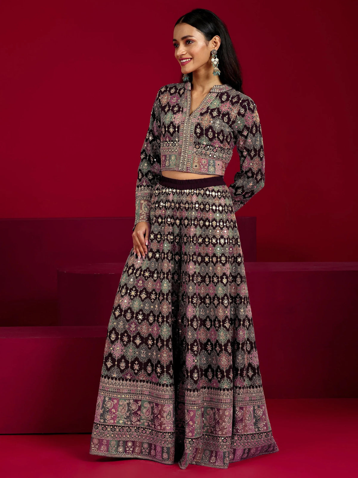 Anouk Art Wine Embroidered Georgette 3 Piece Co-Ord Sets With Dupatta