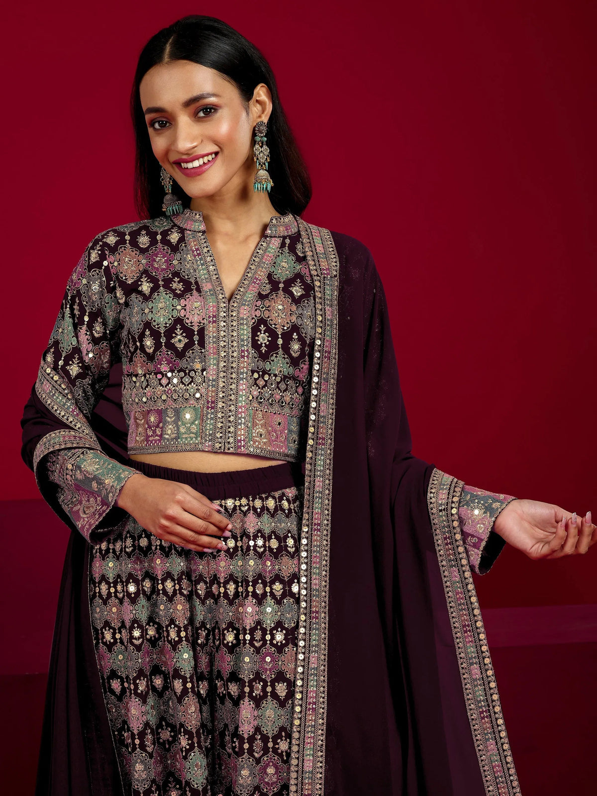 Anouk Art Wine Embroidered Georgette 3 Piece Co-Ord Sets With Dupatta