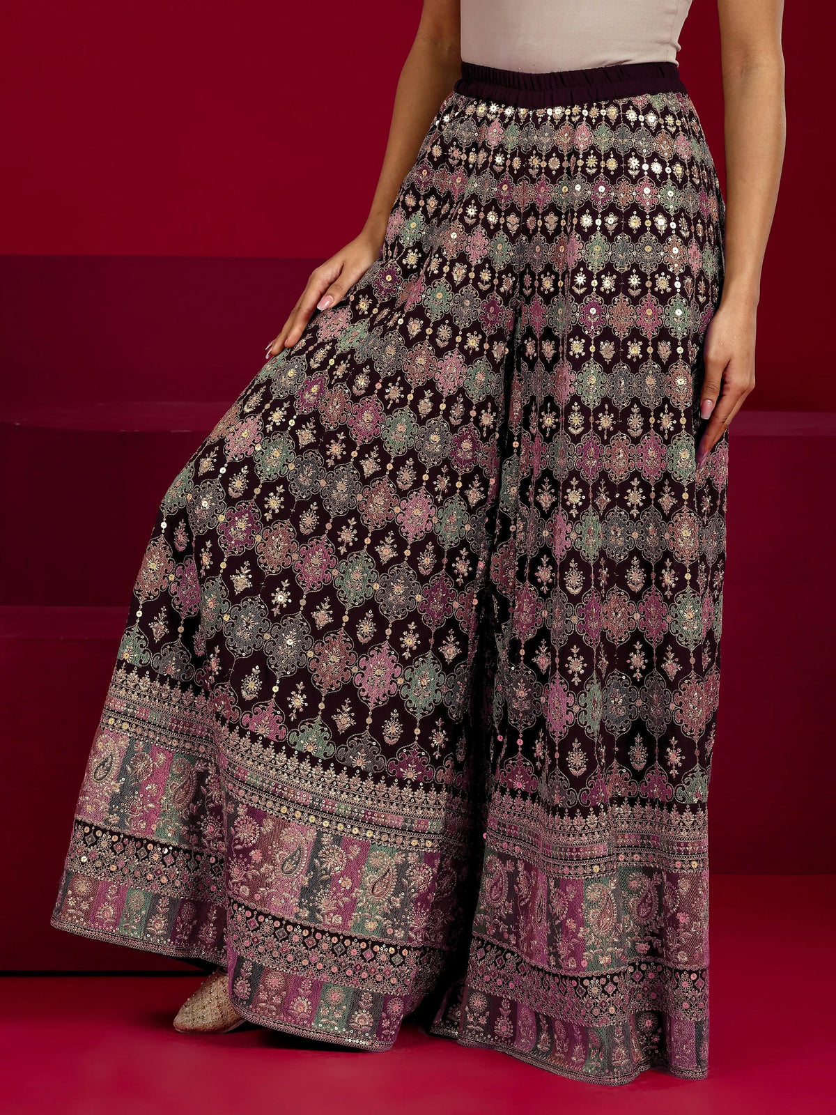 Anouk Art Wine Embroidered Georgette 3 Piece Co-Ord Sets With Dupatta