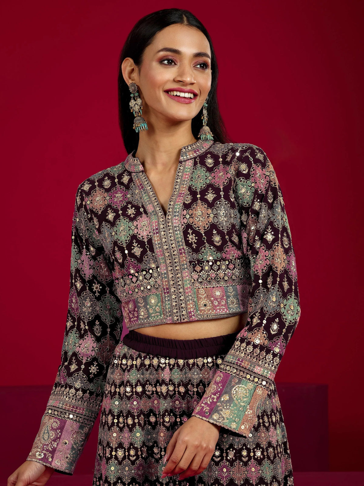 Anouk Art Wine Embroidered Georgette 3 Piece Co-Ord Sets With Dupatta