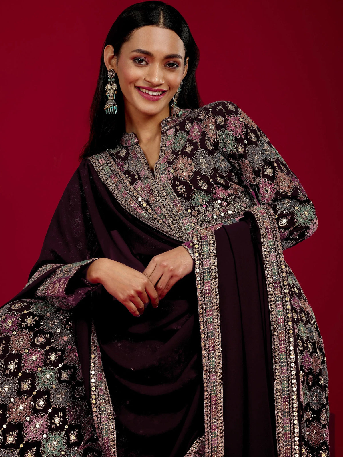 Anouk Art Wine Embroidered Georgette 3 Piece Co-Ord Sets With Dupatta