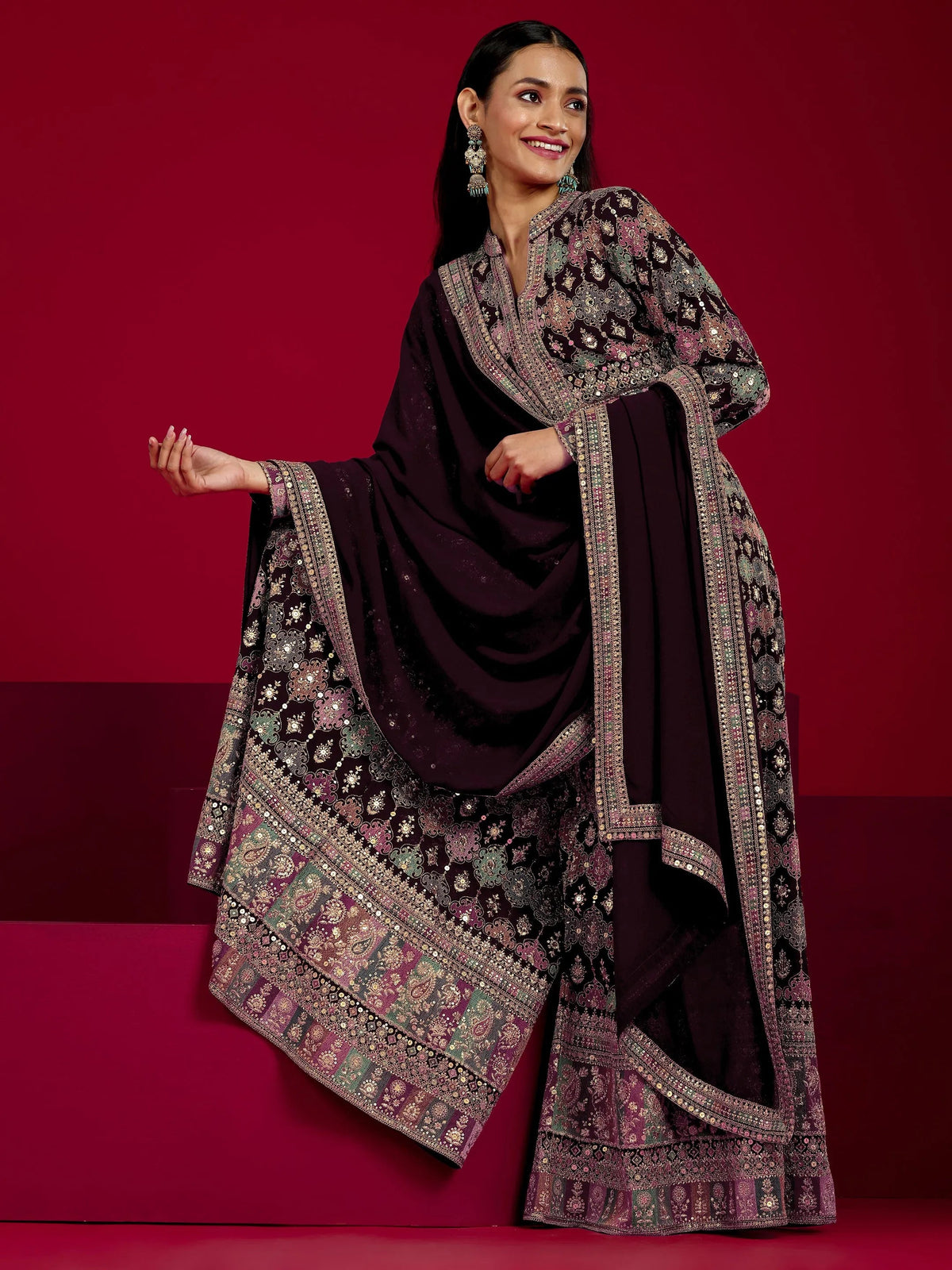 Anouk Art Wine Embroidered Georgette 3 Piece Co-Ord Sets With Dupatta
