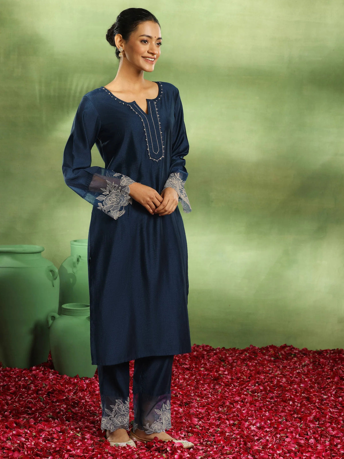 Anouk Teal Yoke Design Silk Blend Straight Suit With Dupatta