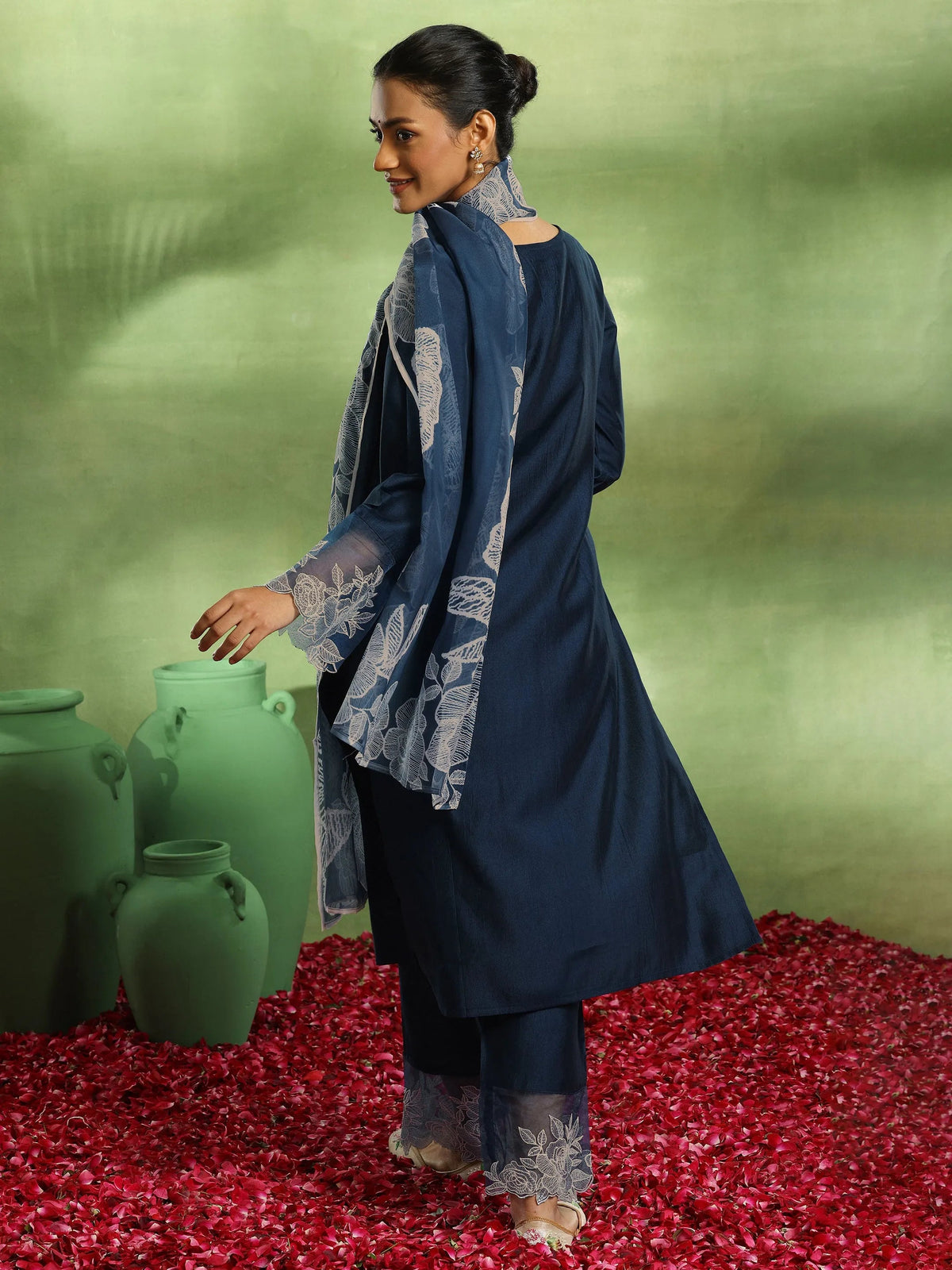 Anouk Teal Yoke Design Silk Blend Straight Suit With Dupatta