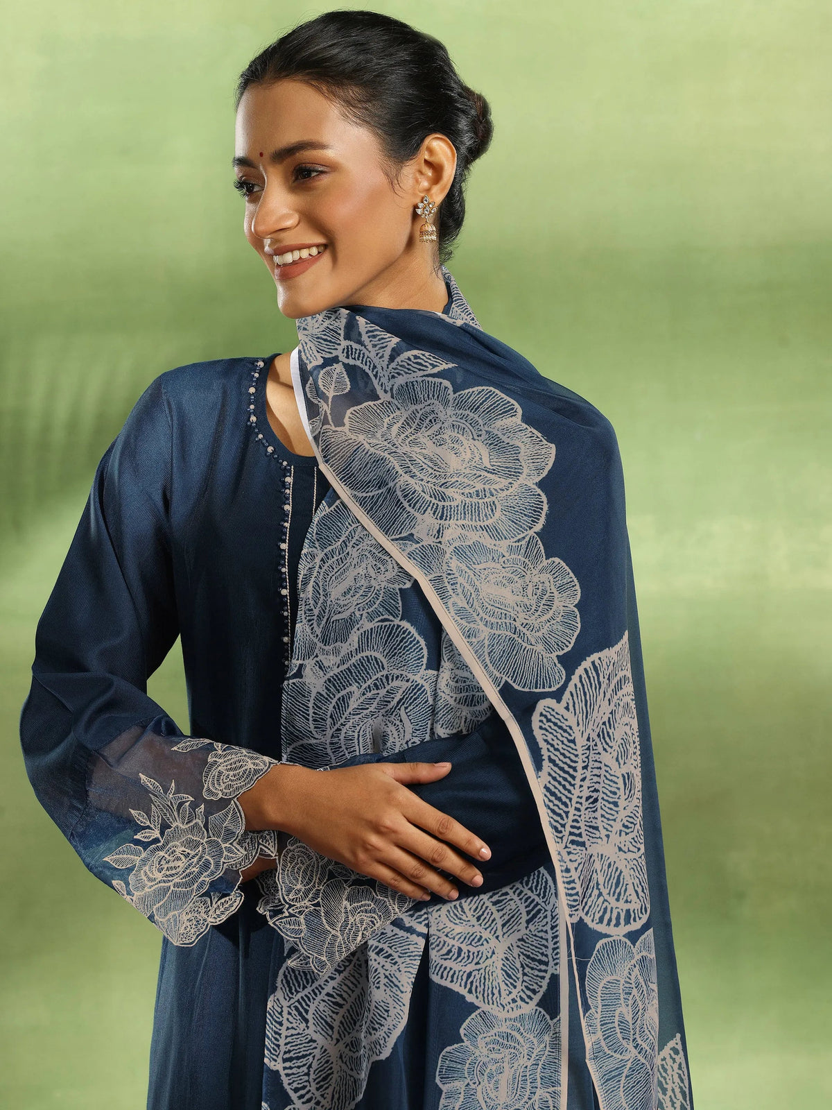 Anouk Teal Yoke Design Silk Blend Straight Suit With Dupatta