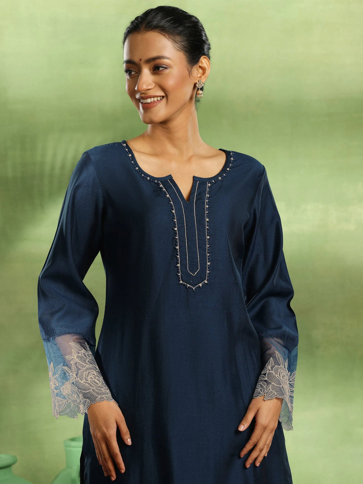 Anouk Teal Yoke Design Silk Blend Straight Suit With Dupatta