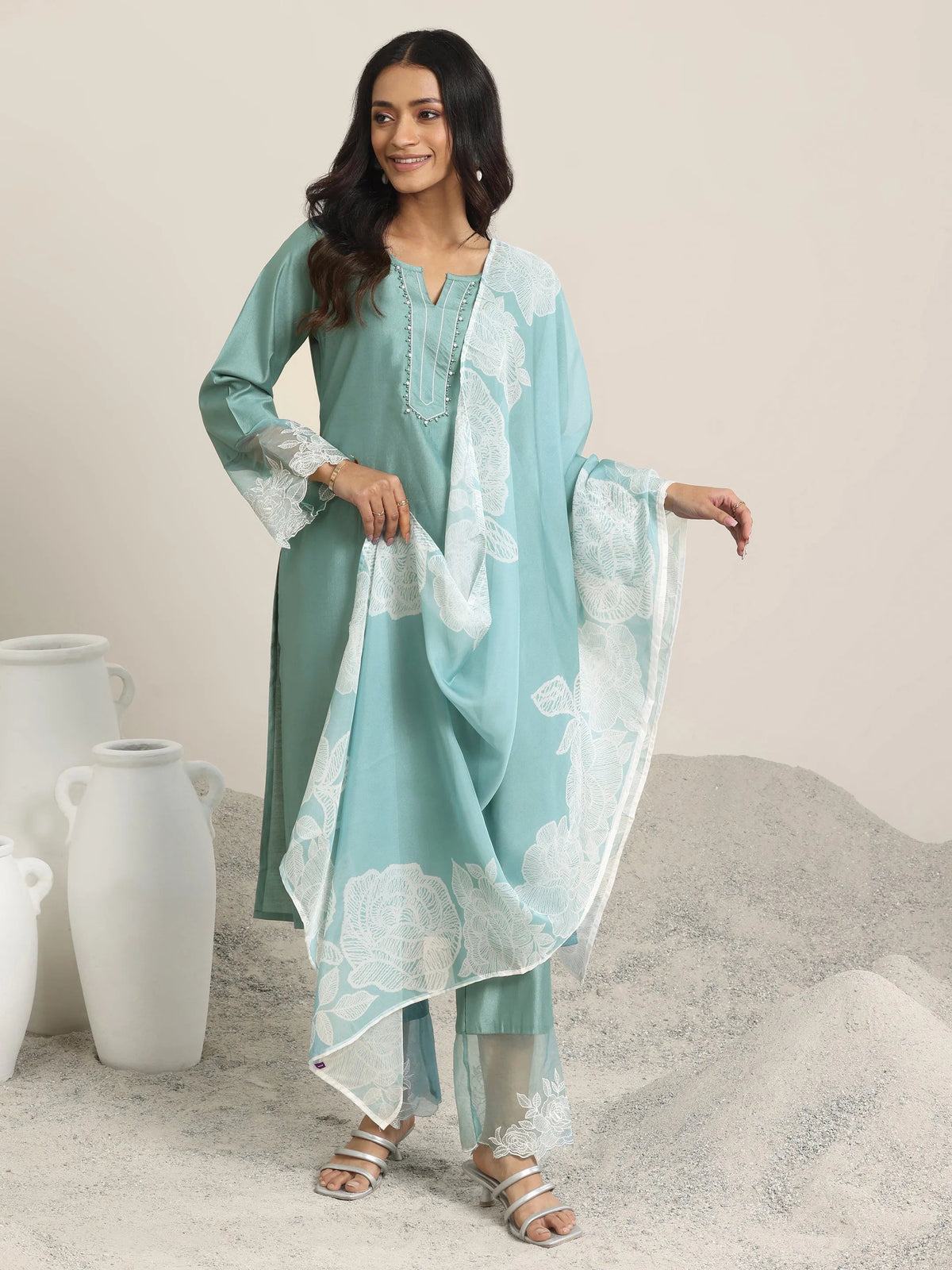 Anouk Green Yoke Design Silk Blend Straight Suit Set With Dupatta