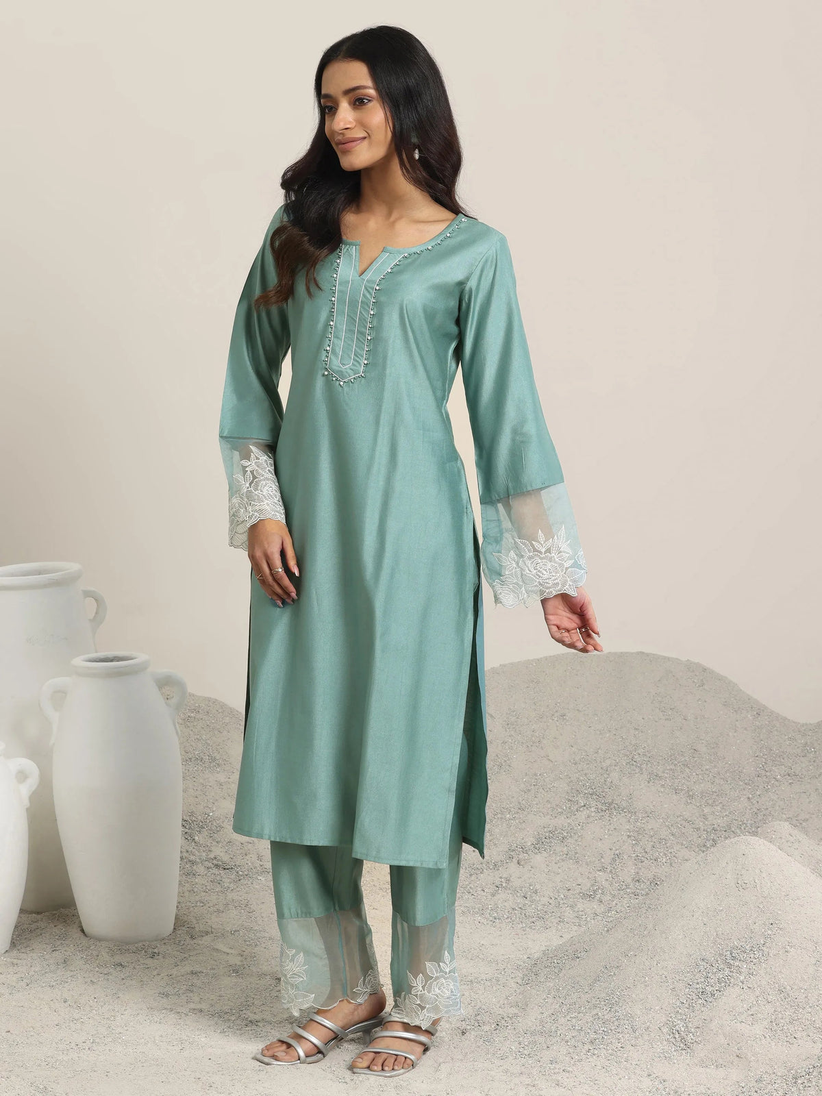 Anouk Green Yoke Design Silk Blend Straight Suit Set With Dupatta