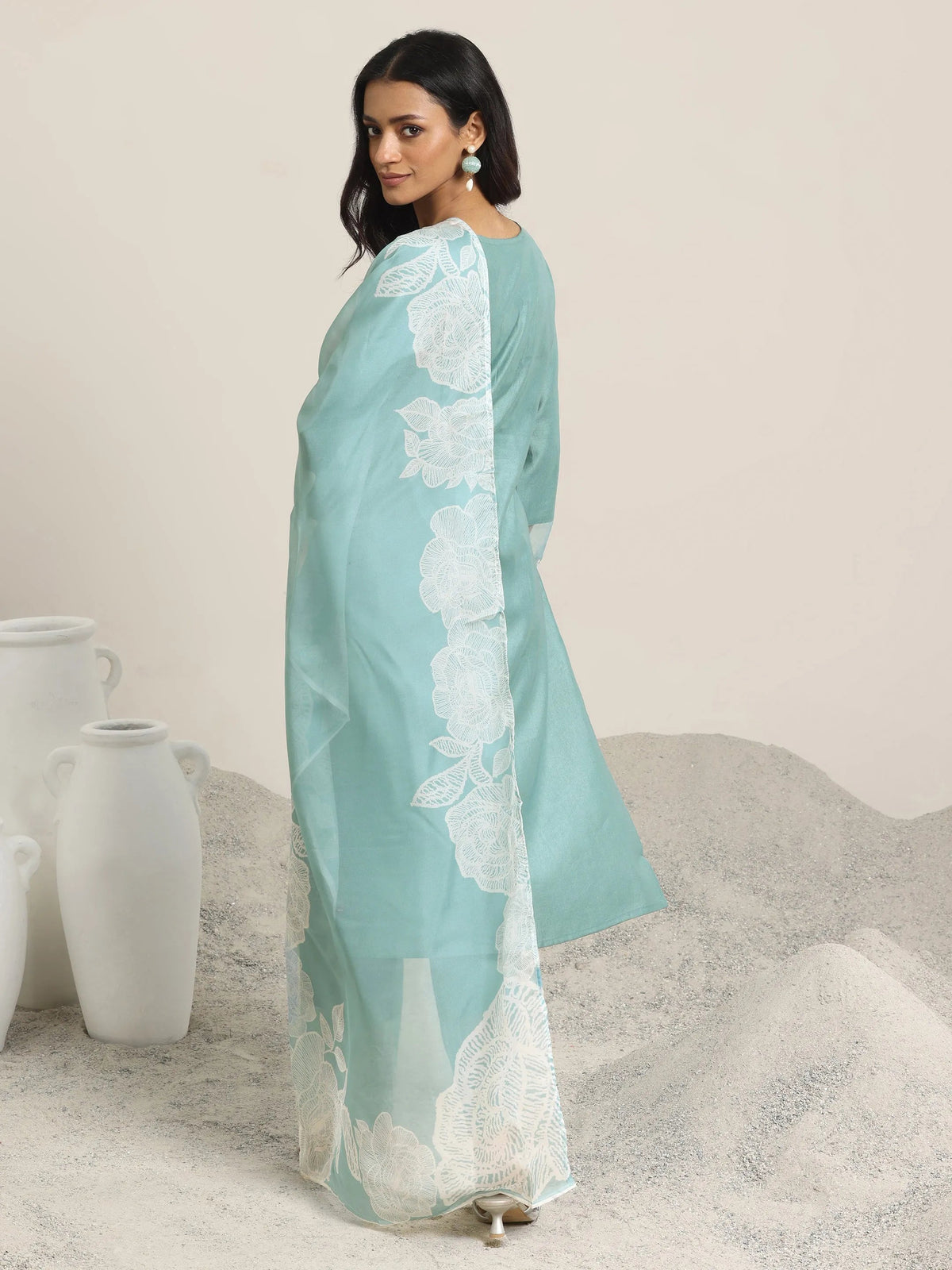 Anouk Green Yoke Design Silk Blend Straight Suit Set With Dupatta