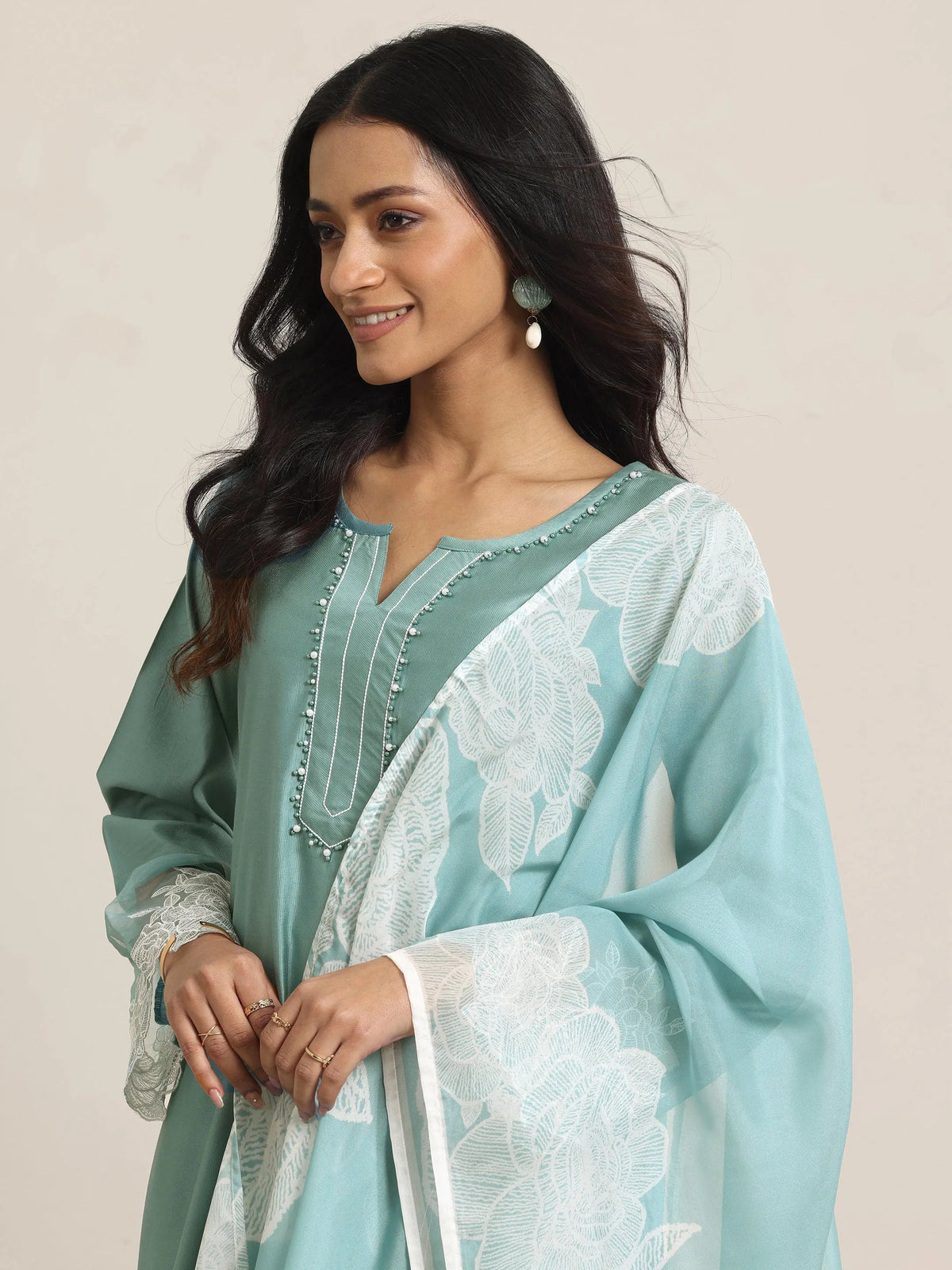 Anouk Green Yoke Design Silk Blend Straight Suit Set With Dupatta