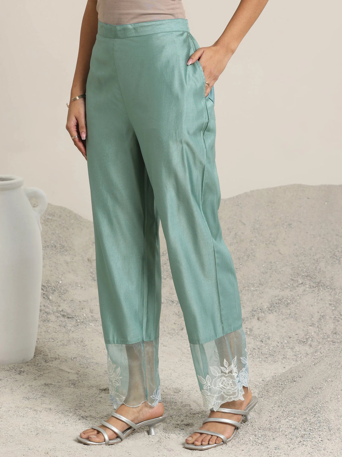 Anouk Green Yoke Design Silk Blend Straight Suit Set With Dupatta
