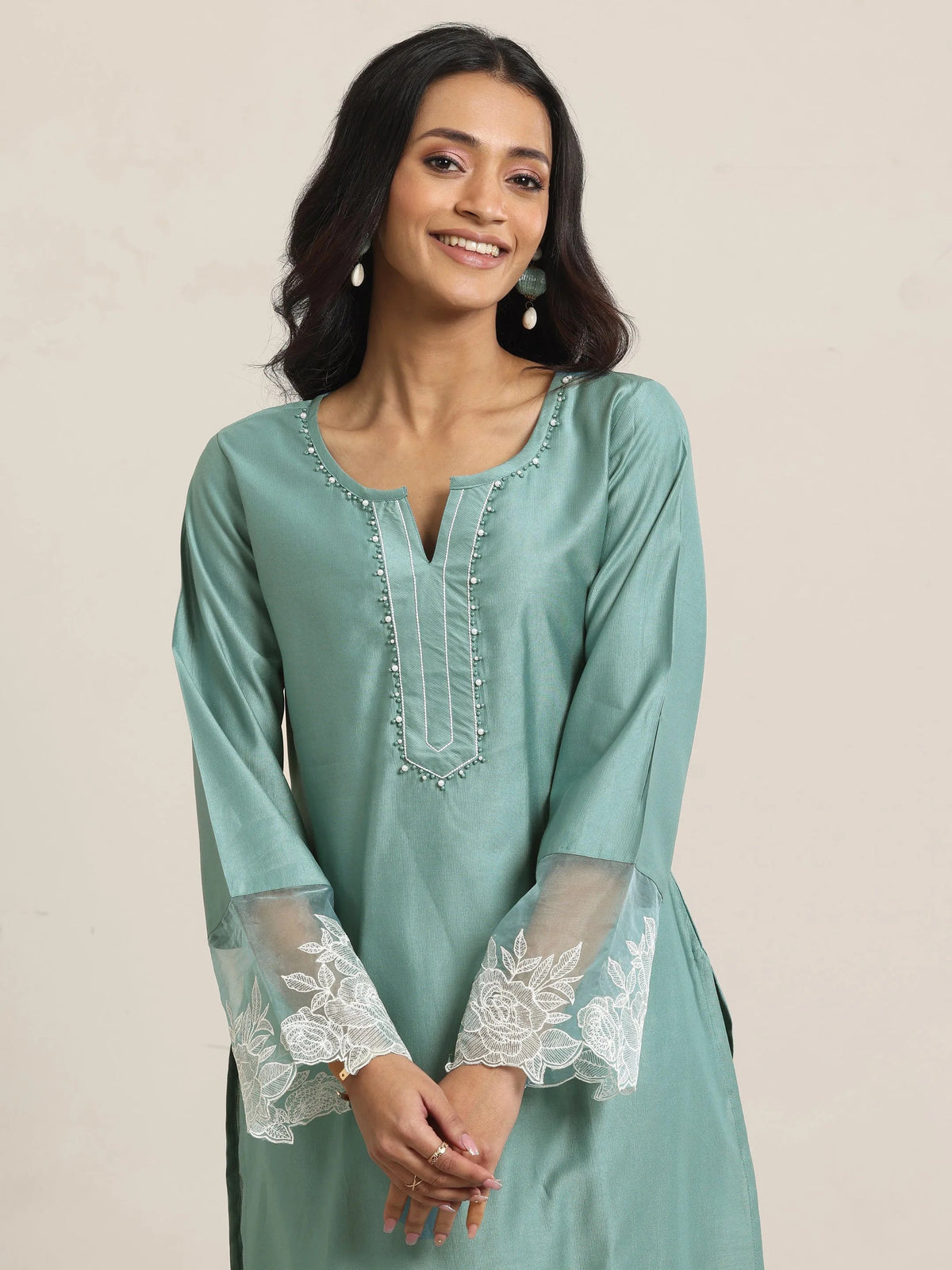 Anouk Green Yoke Design Silk Blend Straight Suit Set With Dupatta