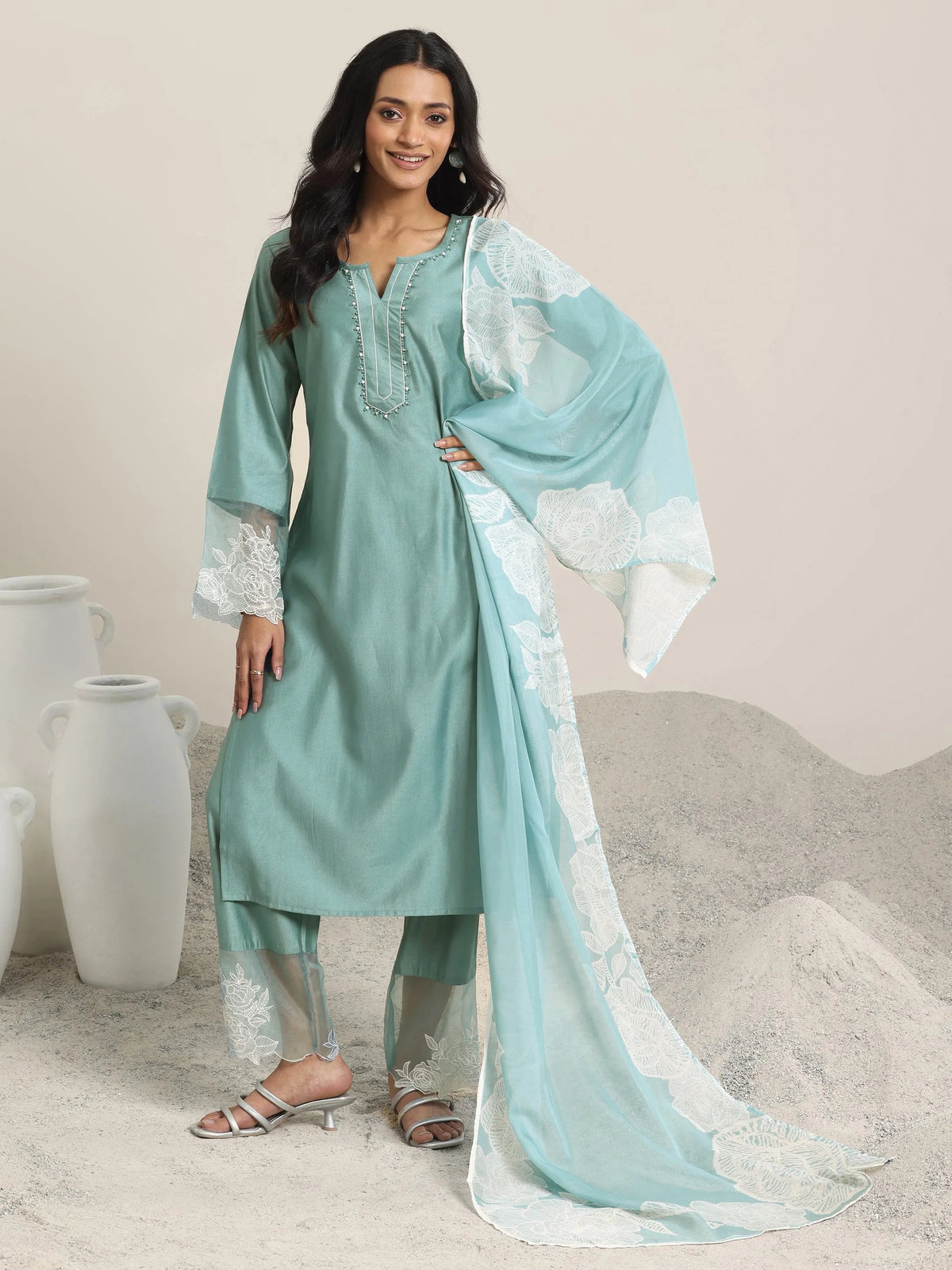 Anouk Green Yoke Design Silk Blend Straight Suit Set With Dupatta