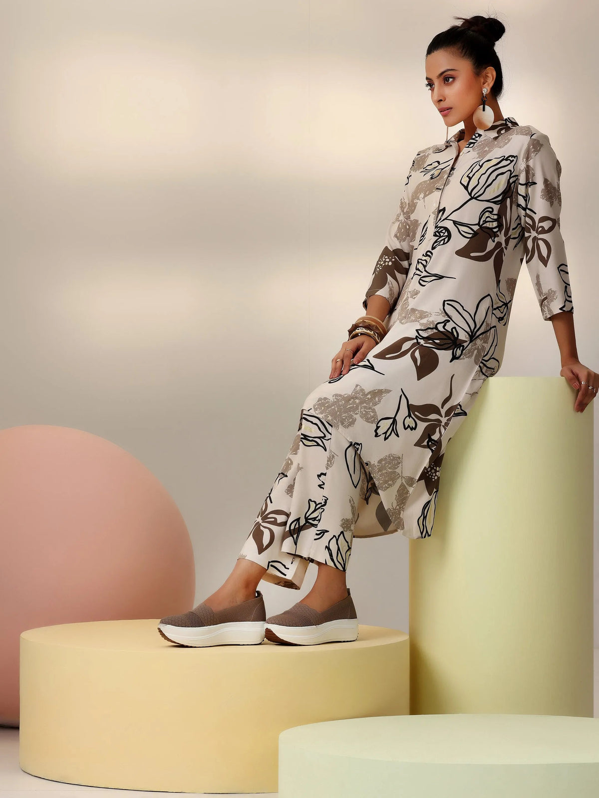 Anouk Beige Printed Rayon Co-Ords