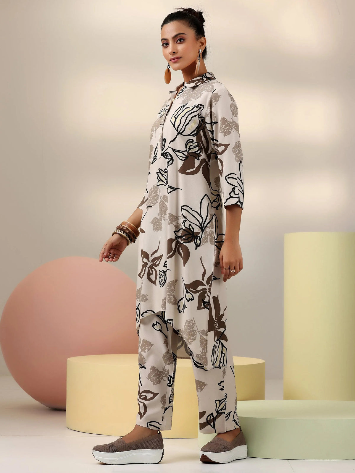 Anouk Beige Printed Rayon Co-Ords