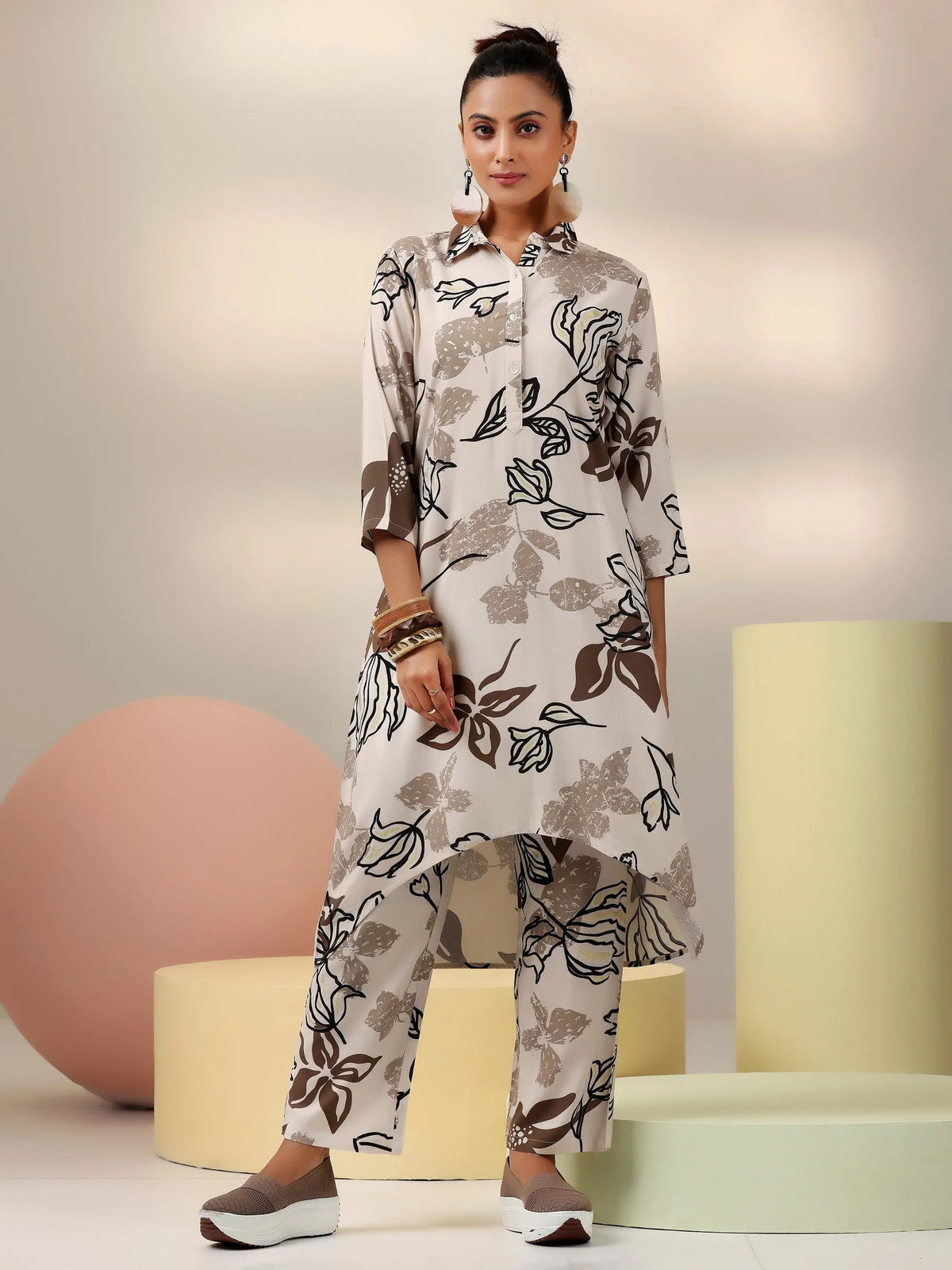 Anouk Beige Printed Rayon Co-Ords