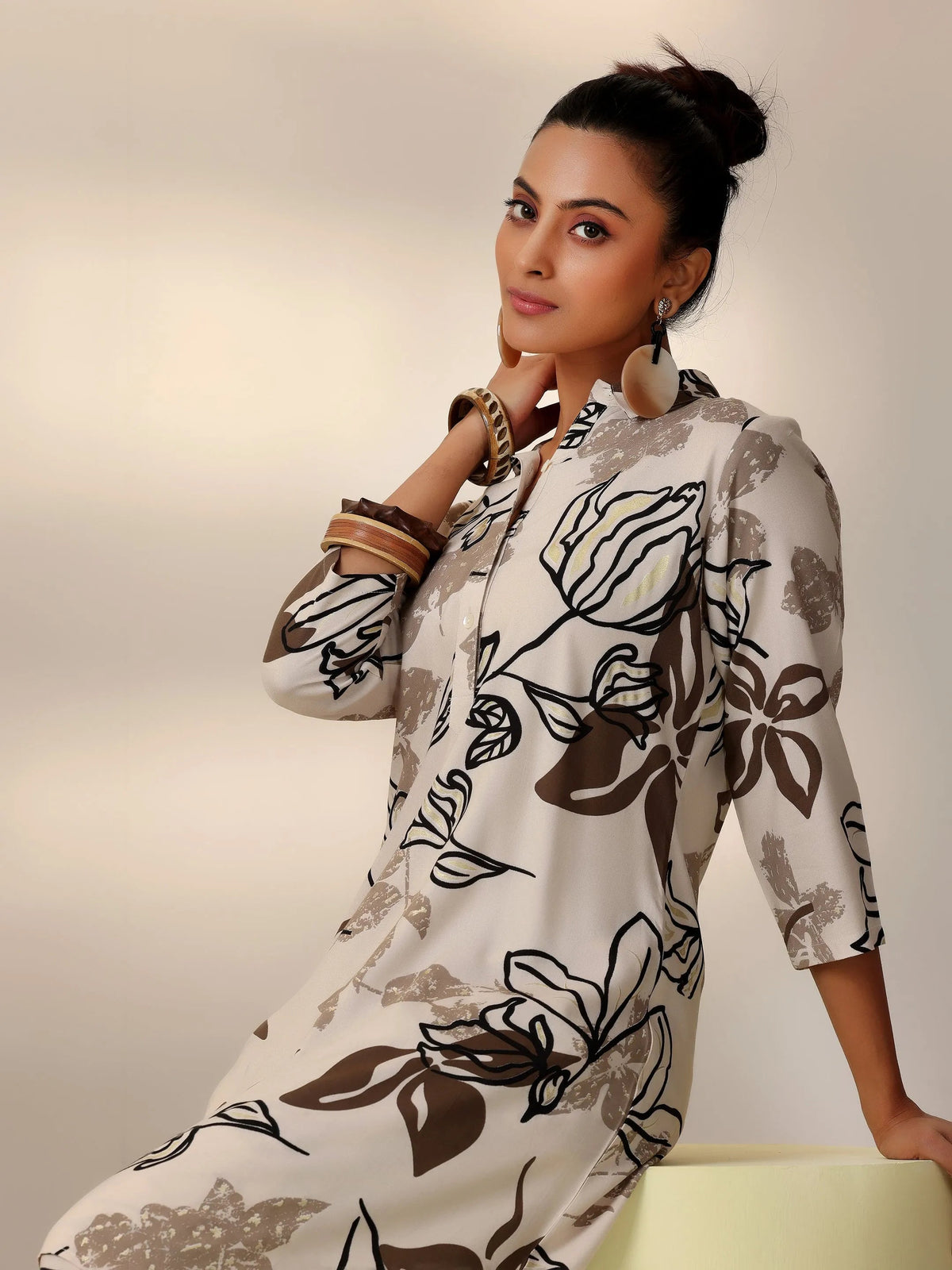 Anouk Beige Printed Rayon Co-Ords