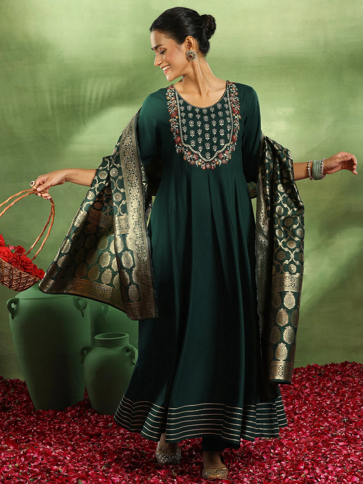 Anouk Green Yoke Design Rayon Anarkali Suit With Dupatta