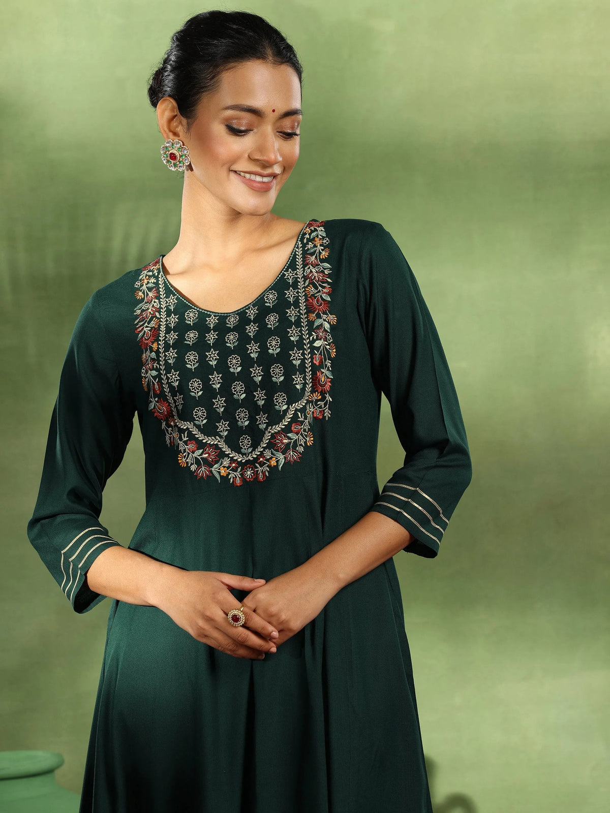 Anouk Green Yoke Design Rayon Anarkali Suit With Dupatta