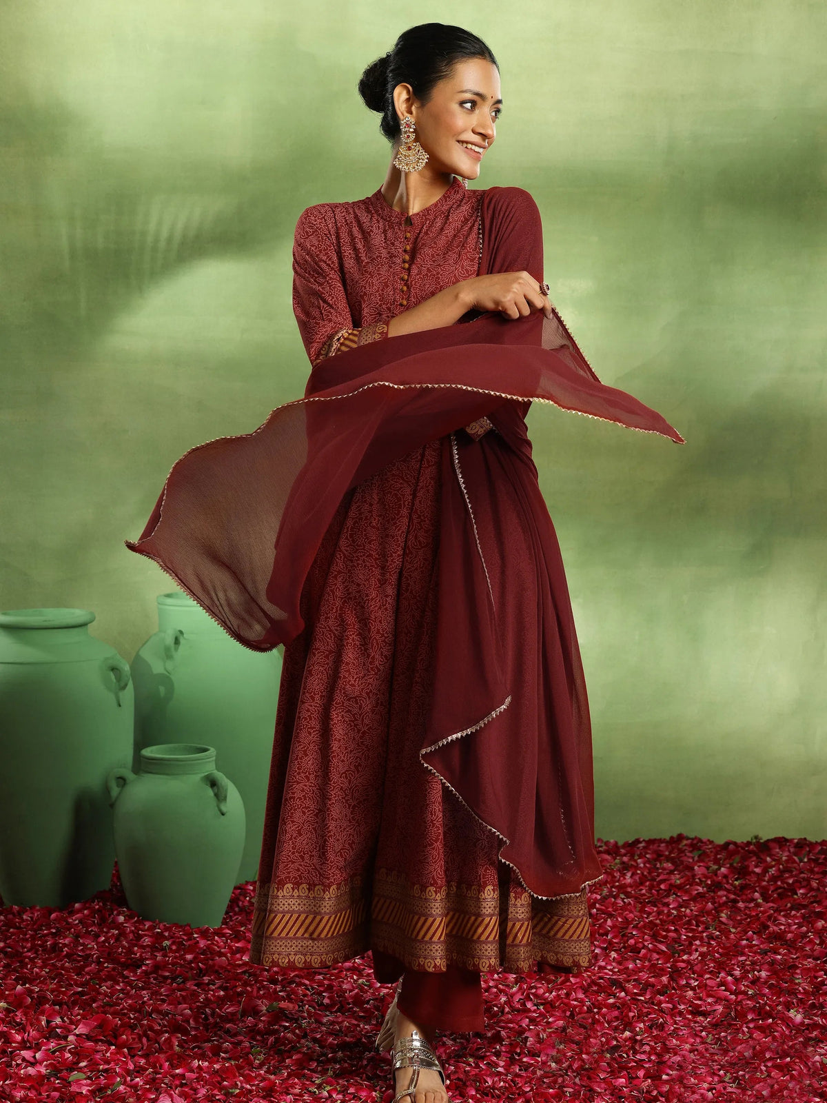 Anouk Maroon Printed Rayon Anarkali Suit With Dupatta