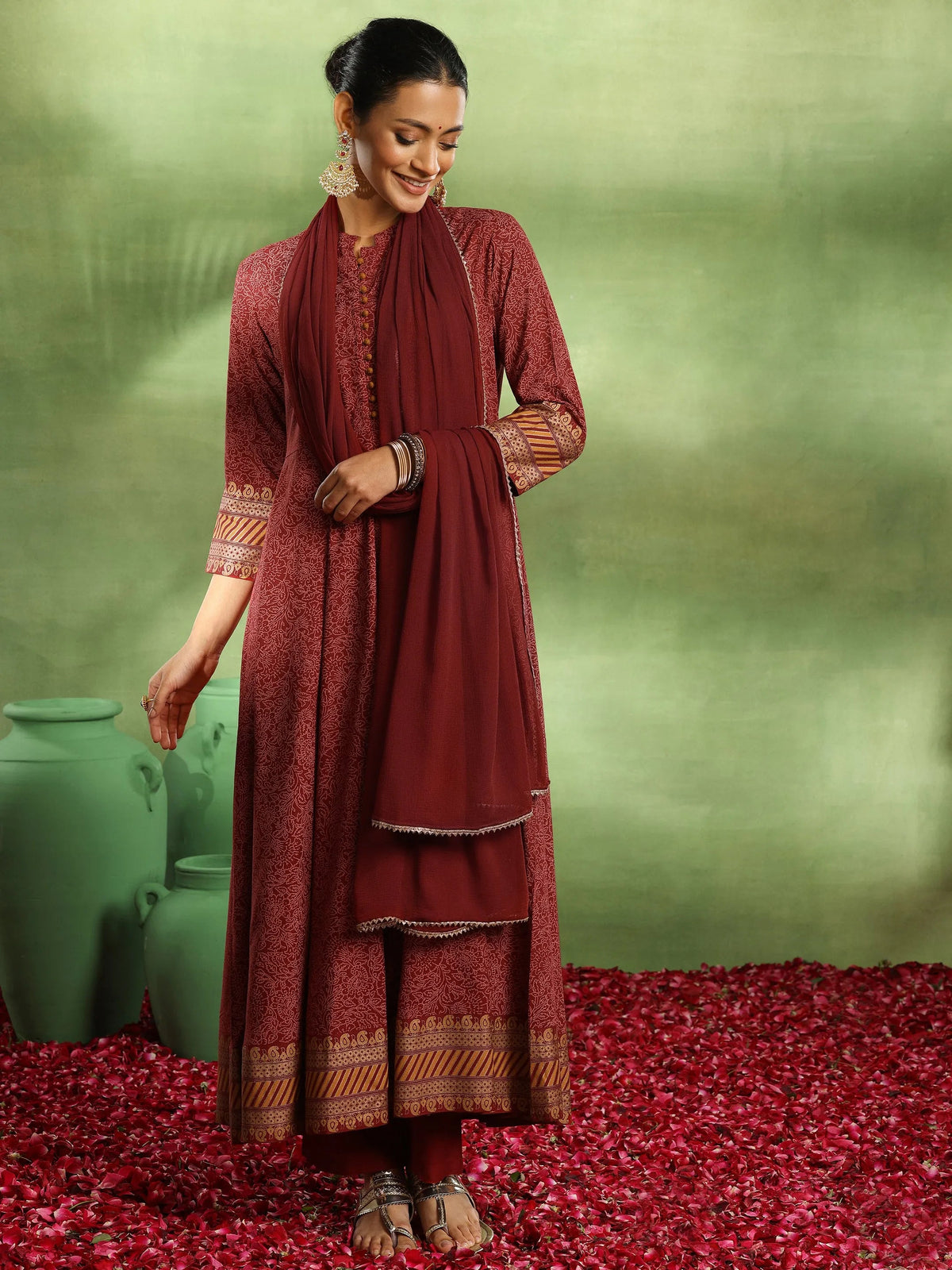 Anouk Maroon Printed Rayon Anarkali Suit With Dupatta