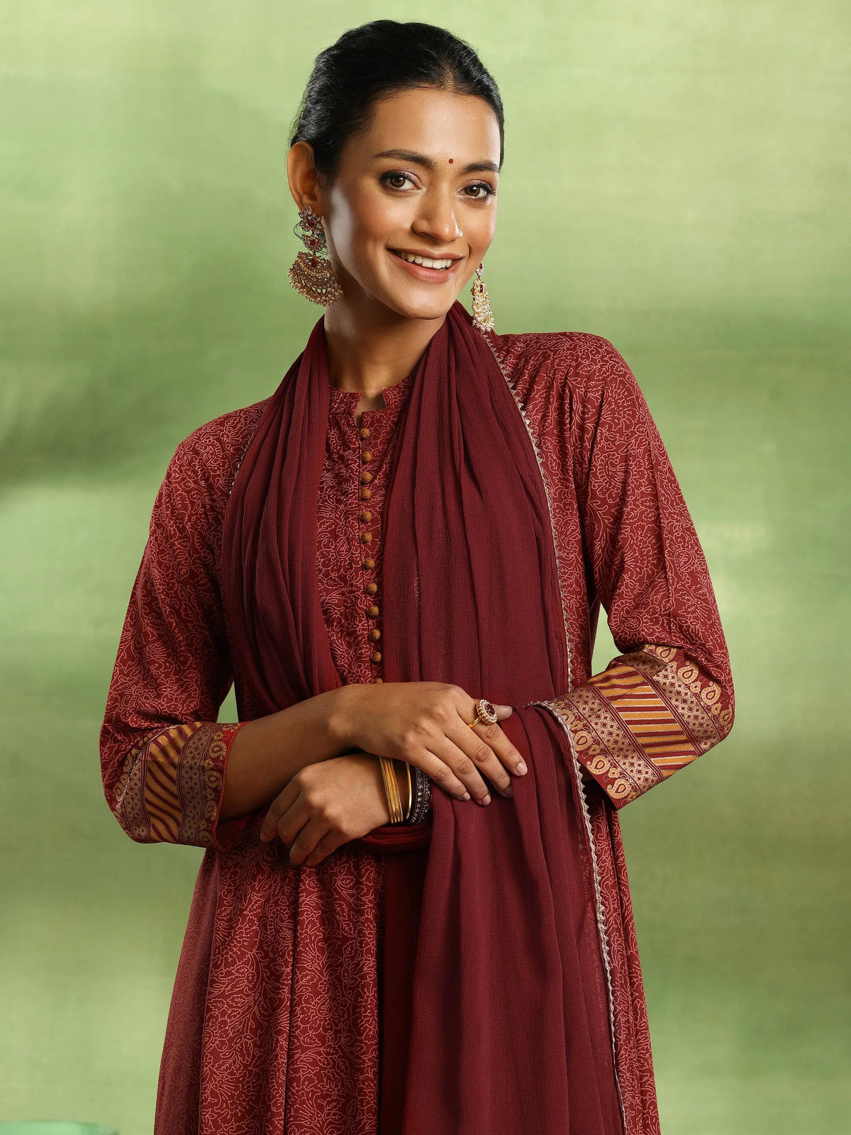 Anouk Maroon Printed Rayon Anarkali Suit With Dupatta