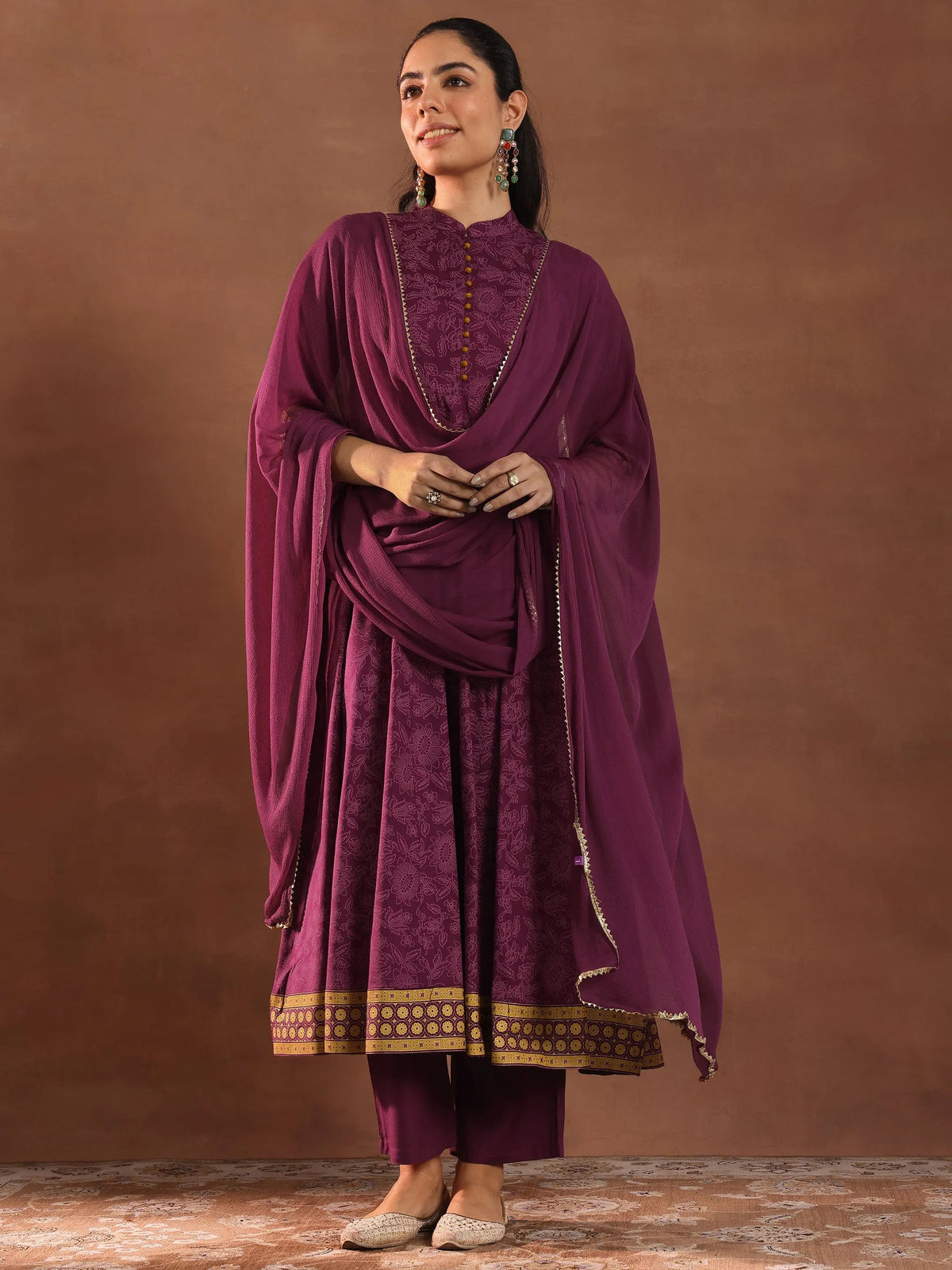 Anouk Burgundy Printed Rayon Anarkali Suit With Dupatta