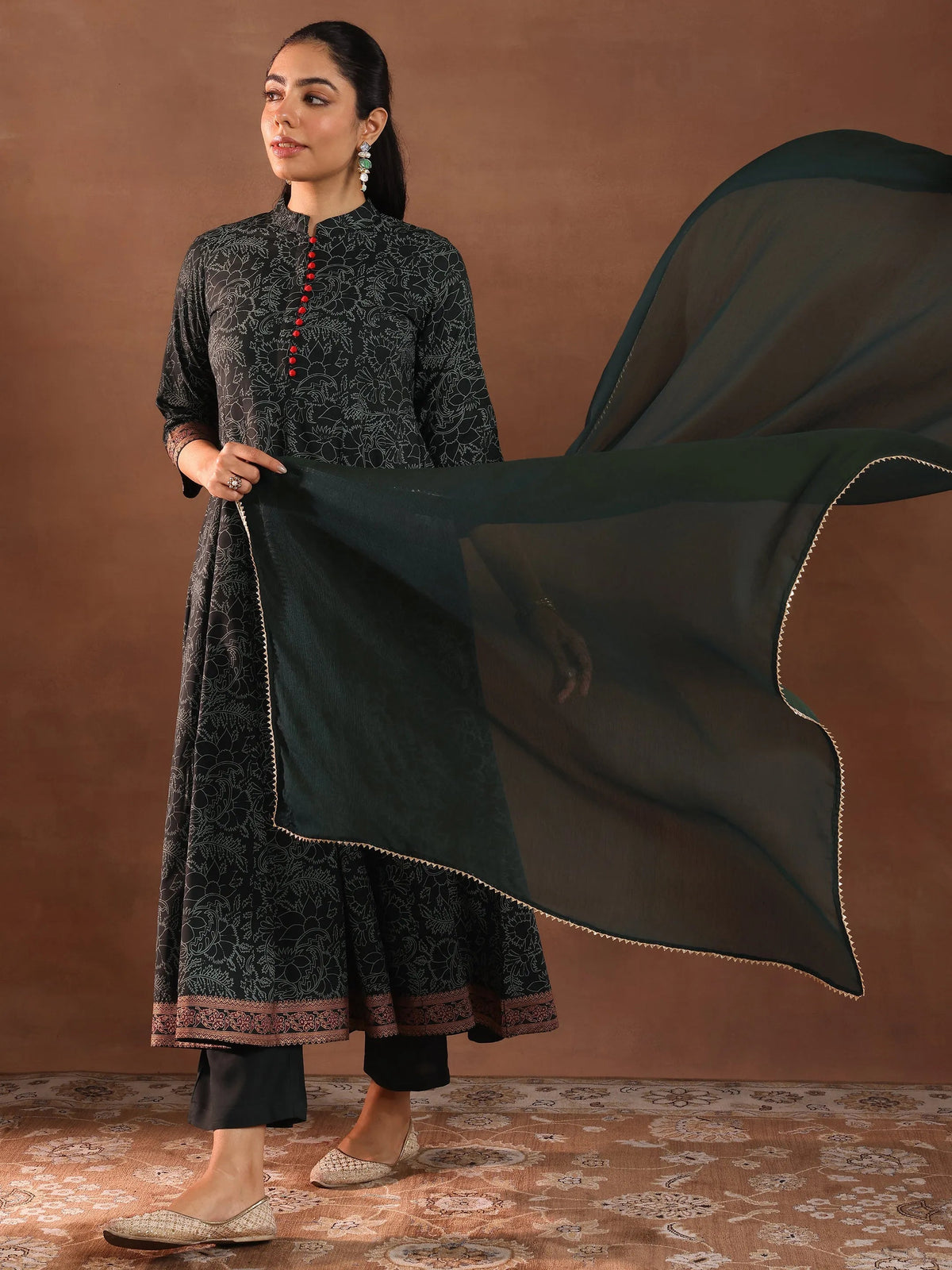 Anouk Green Printed Rayon Anarkali Suit With Dupatta