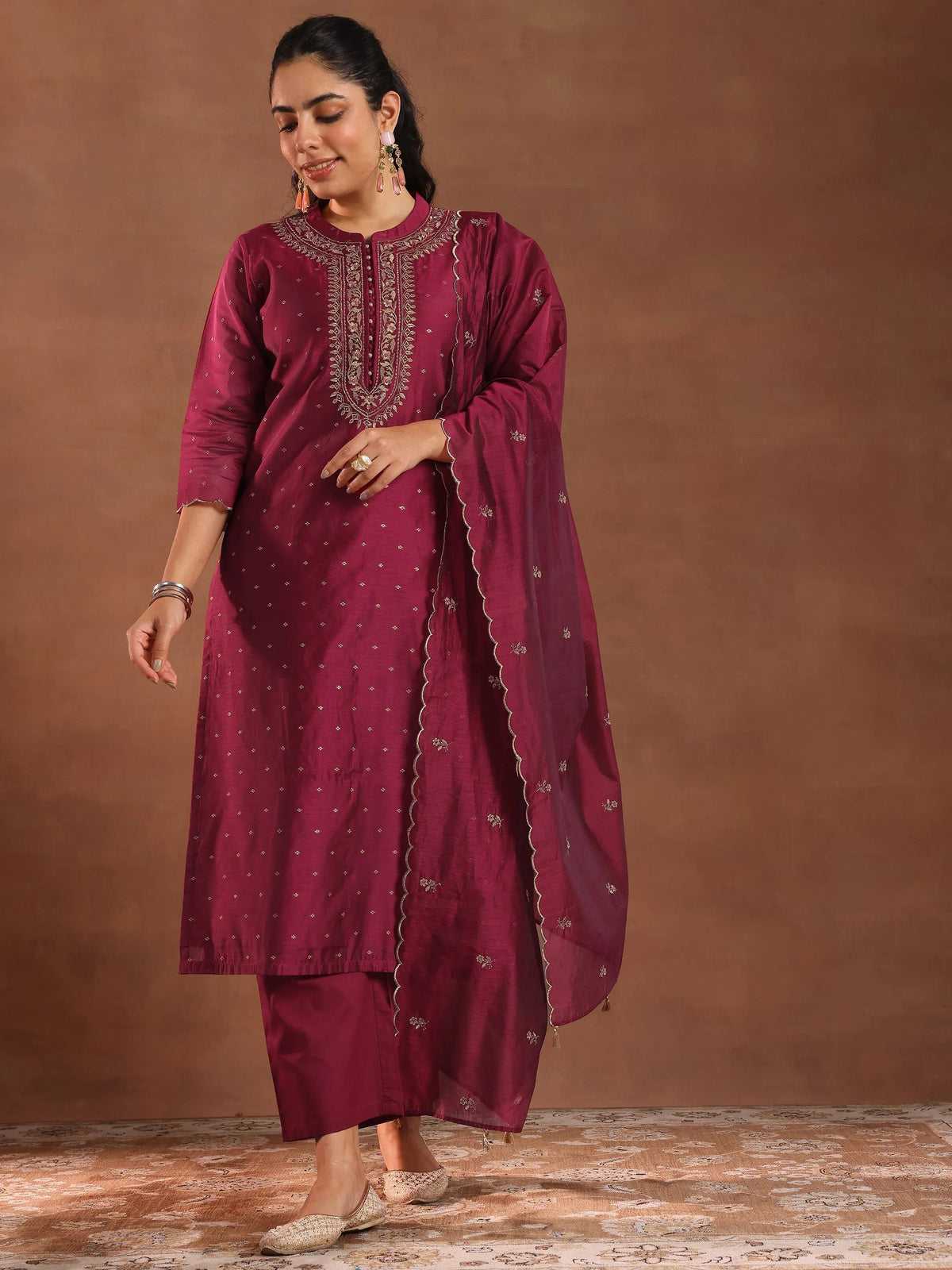 Anouk Maroon Woven Design Chanderi Silk Straight Suit With Dupatta