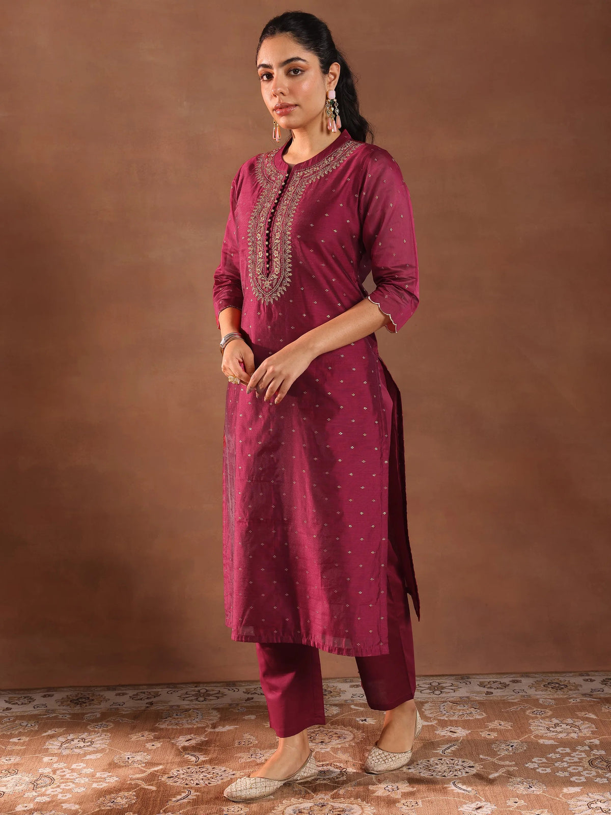 Anouk Maroon Woven Design Chanderi Silk Straight Suit With Dupatta