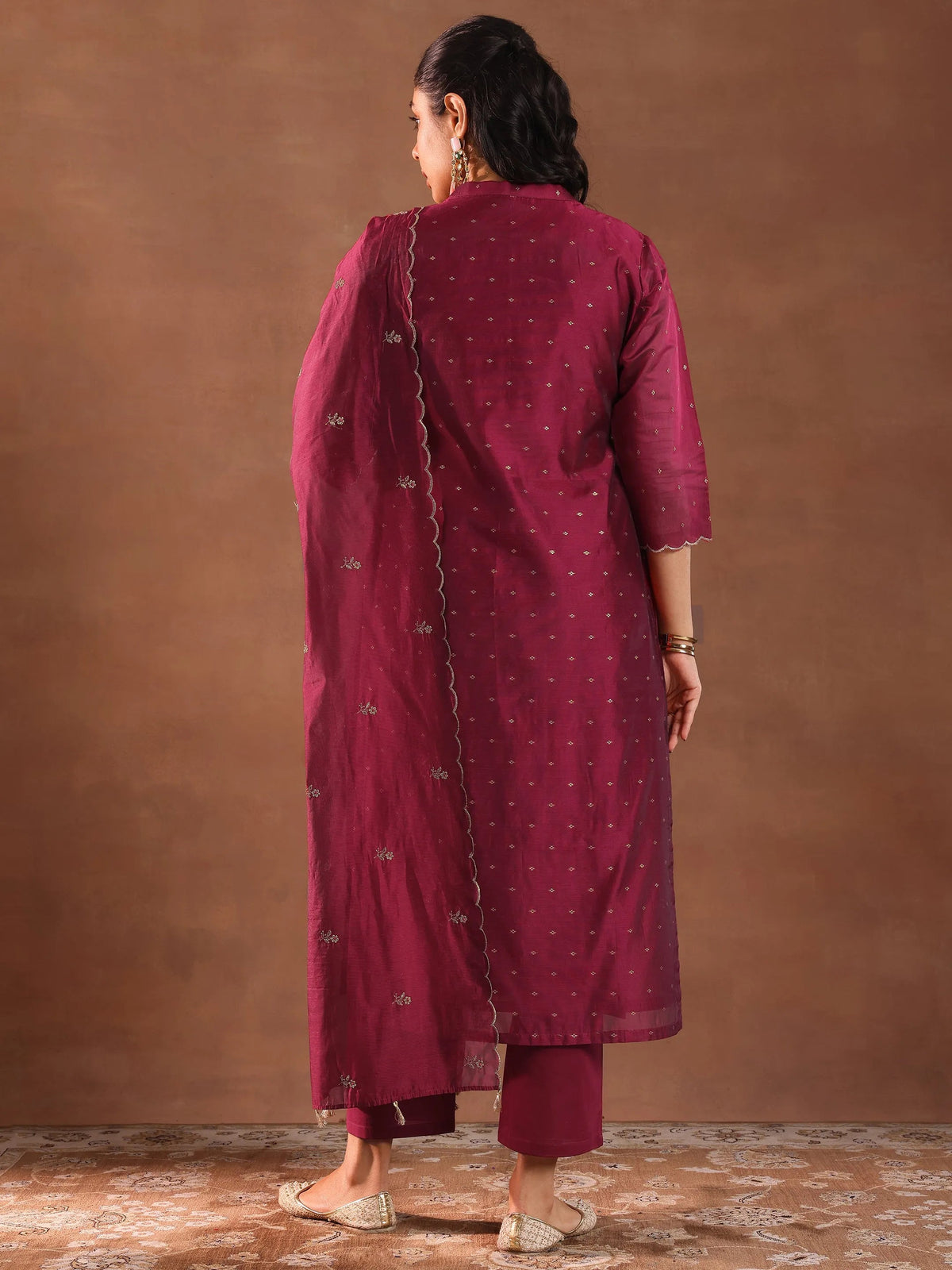 Anouk Maroon Woven Design Chanderi Silk Straight Suit With Dupatta