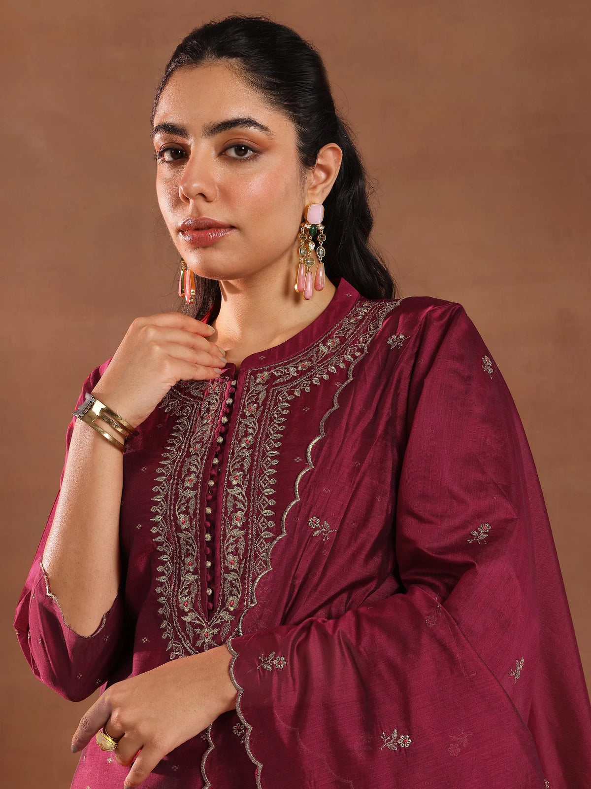 Anouk Maroon Woven Design Chanderi Silk Straight Suit With Dupatta