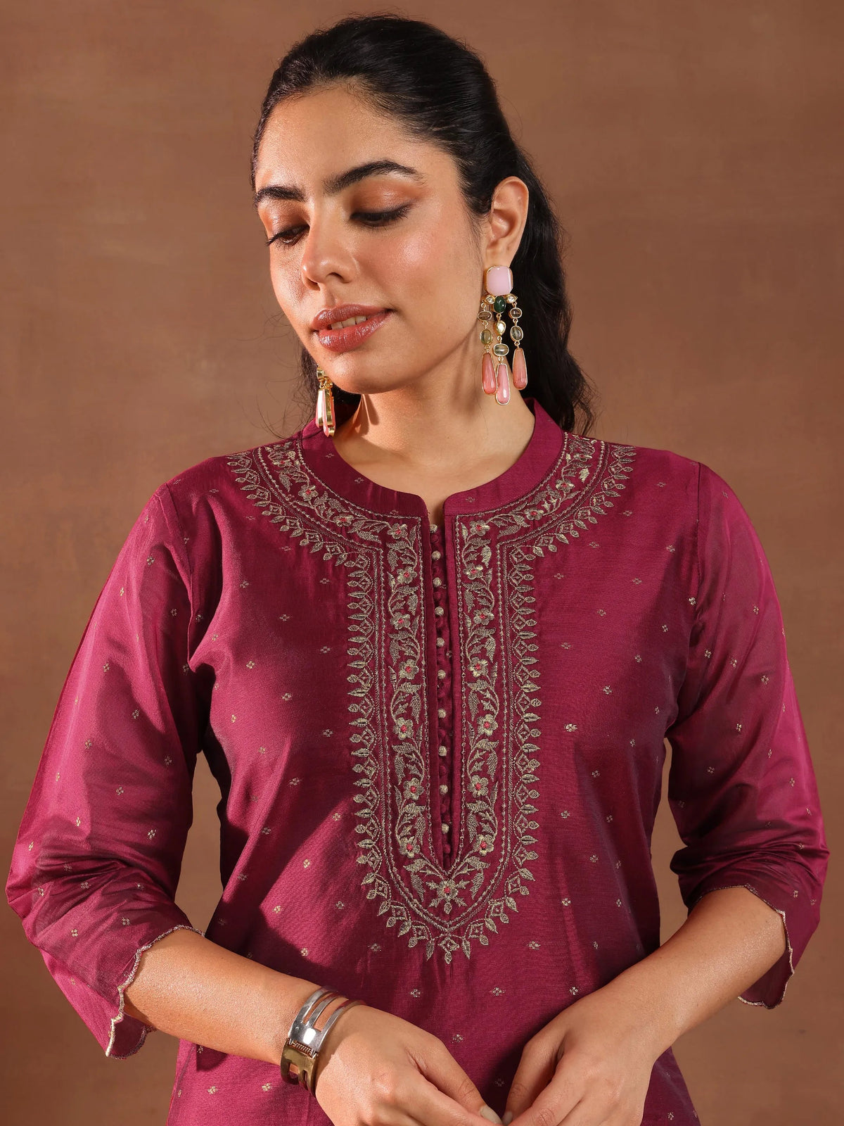 Anouk Maroon Woven Design Chanderi Silk Straight Suit With Dupatta