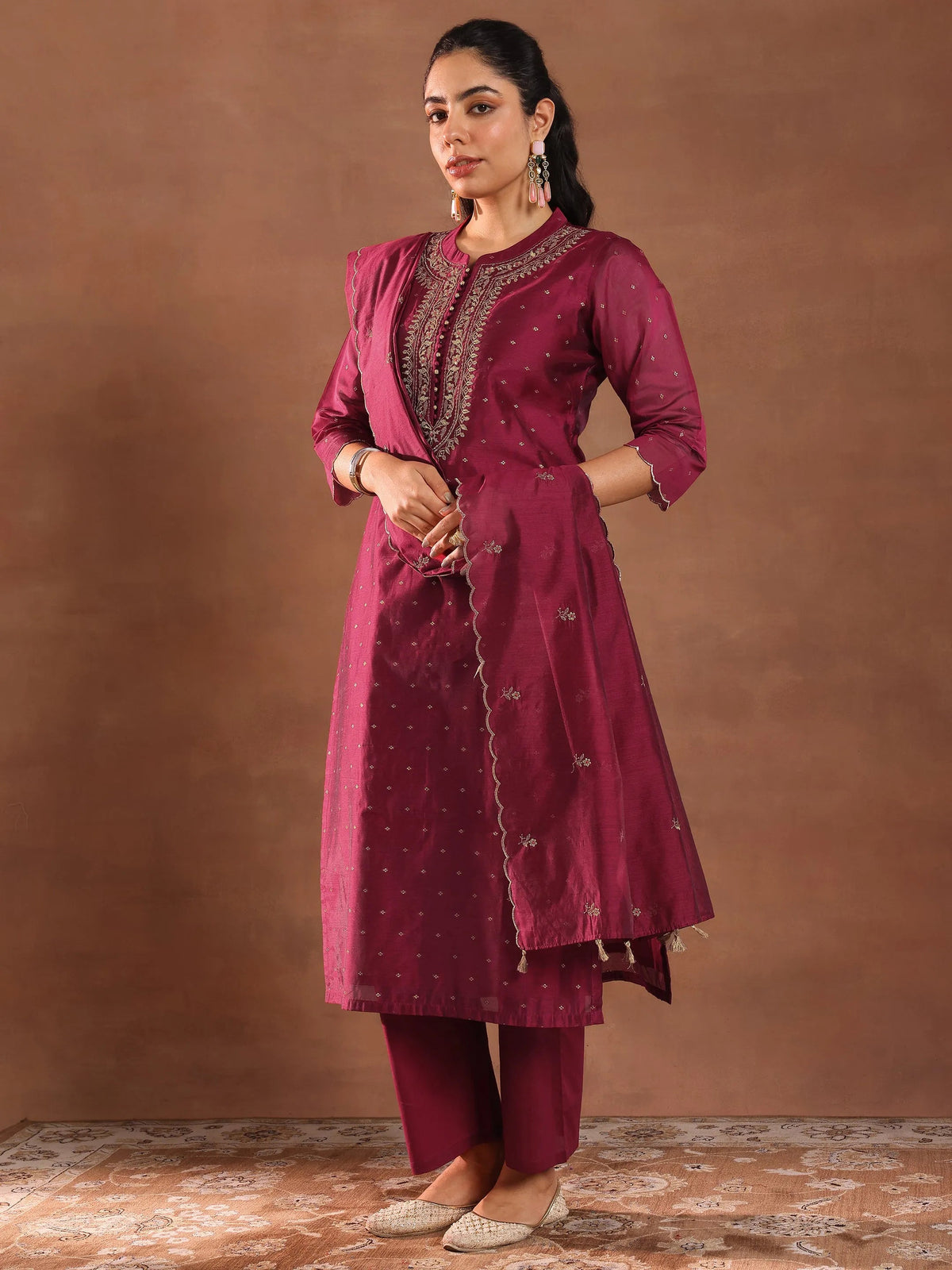 Anouk Maroon Woven Design Chanderi Silk Straight Suit With Dupatta