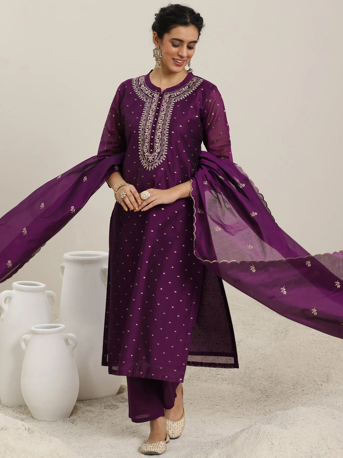 Anouk Wine Woven Design Chanderi Silk Straight Suit With Dupatta
