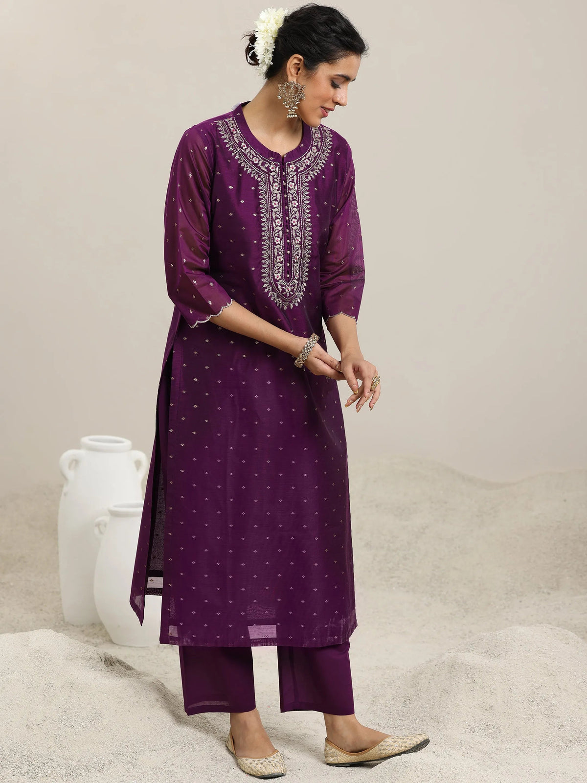 Anouk Wine Woven Design Chanderi Silk Straight Suit With Dupatta